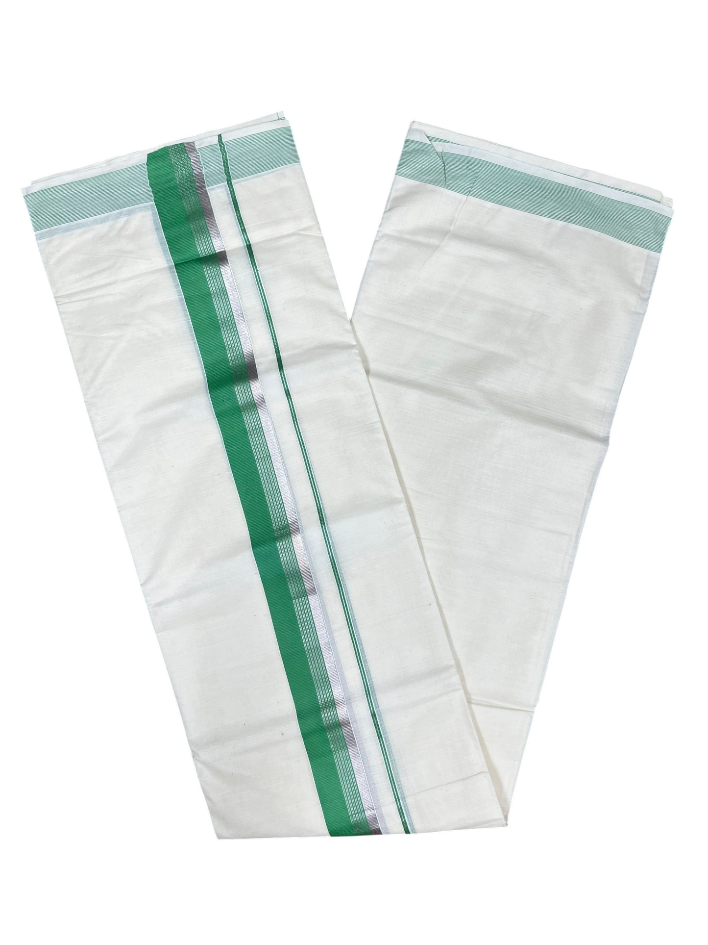 Southloom Pure Cotton Mundu with Silver Lines and Green Border (South Indian Kerala Dhoti)