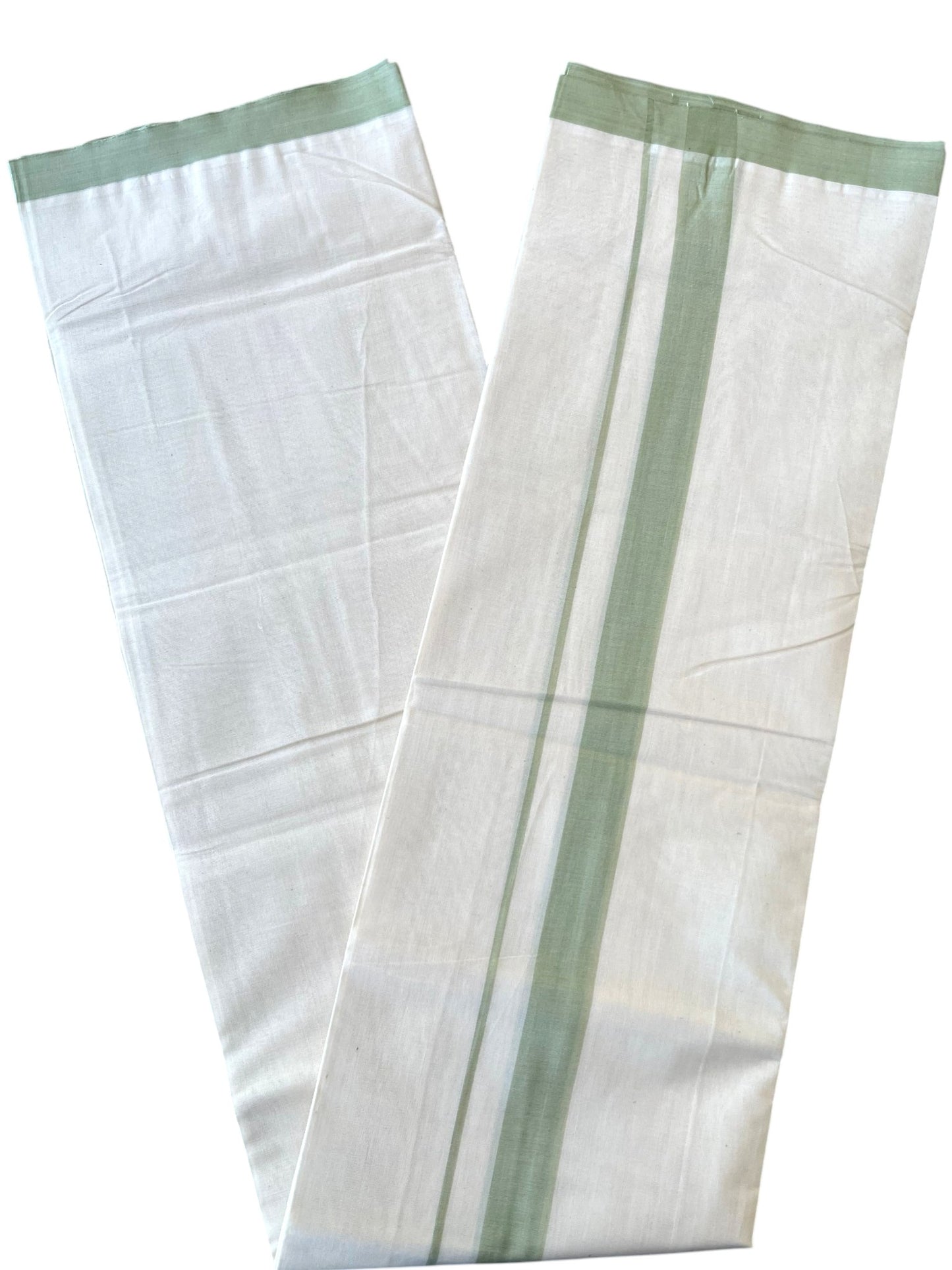 Southloom Kerala Pure Cotton Double Mundu with Pastel Green Border (South Indian Kerala Dhoti)