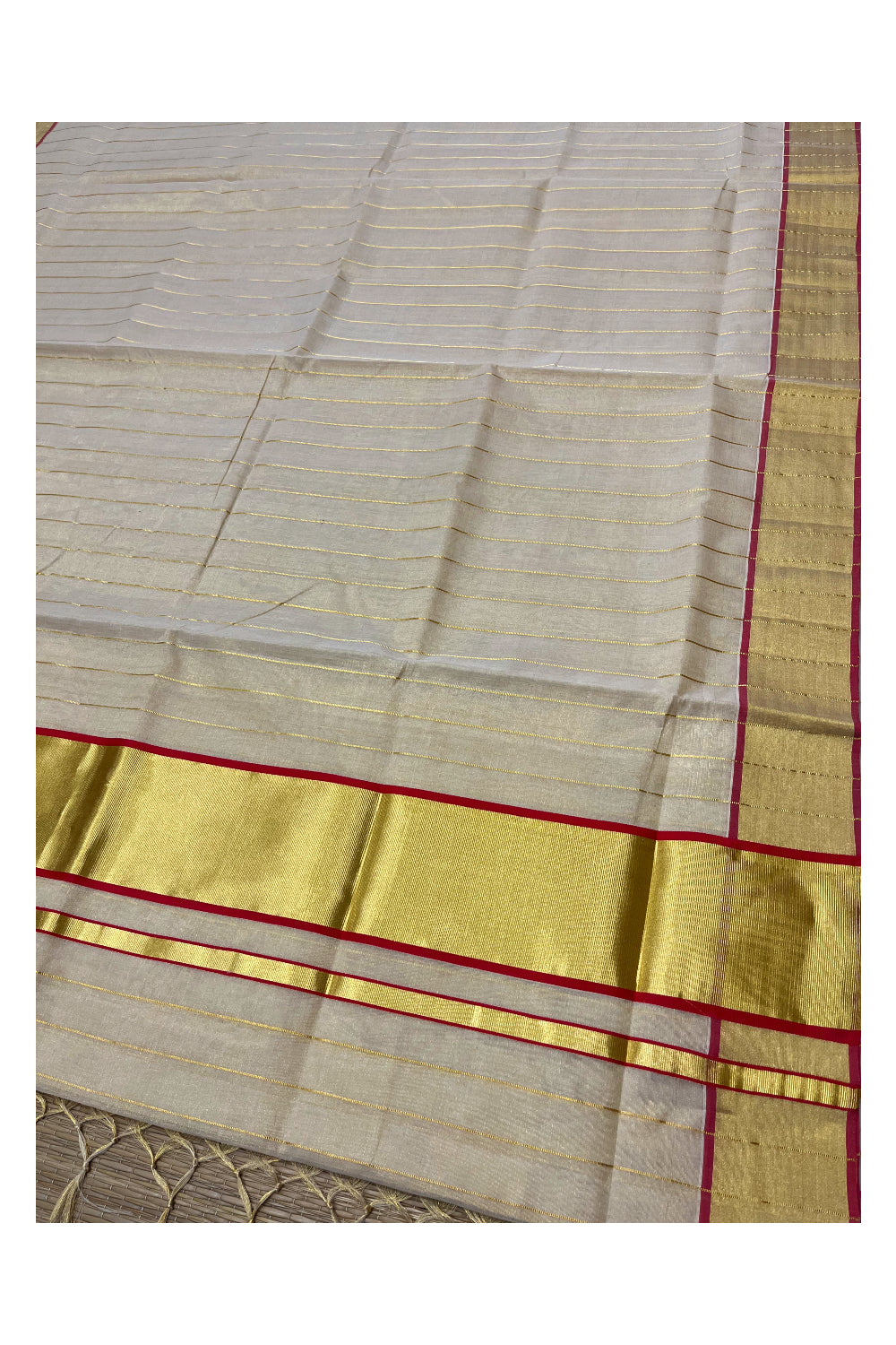 Southloom Premium Balaramapuram Handloom Tissue Kasavu Lines Design Kerala Saree with Pink Border