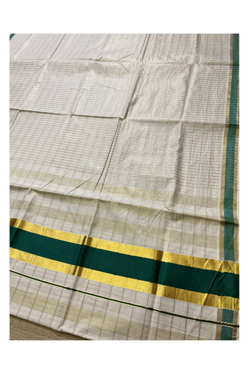 Kerala Pure Cotton Kasavu Check Designs Saree with Green Border