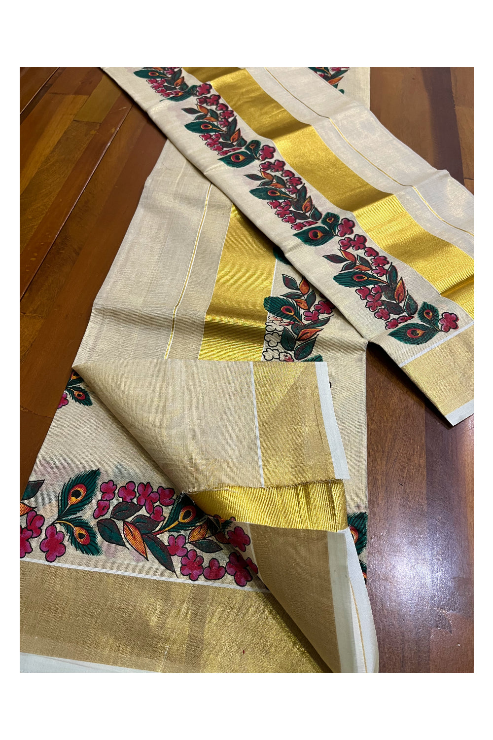 Kerala Tissue Single Set Mundu (Mundum Neriyathum) with Floral Feather Block Prints on Border 2.80 Mtrs