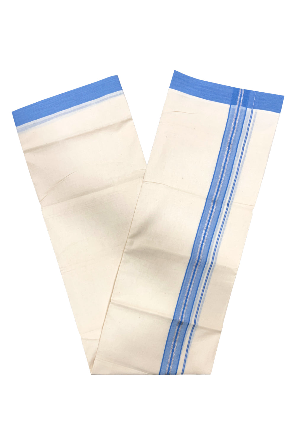 Pure Cotton Double Mundu with Silver Kasavu and Blue Border (South Indian Kerala Dhoti)