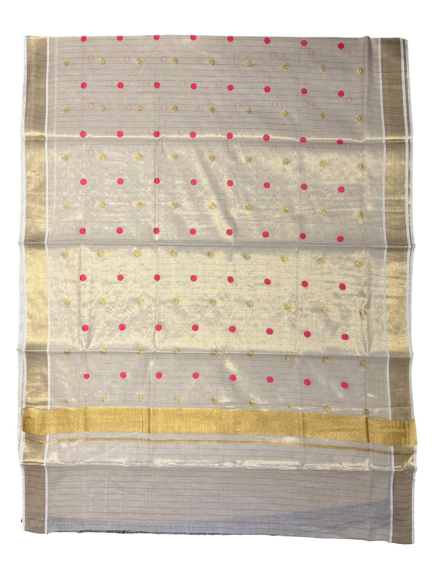 Southloom Kerala Tissue Kasavu Saree with Gold& Pink Polka Embroidery Works on Body
