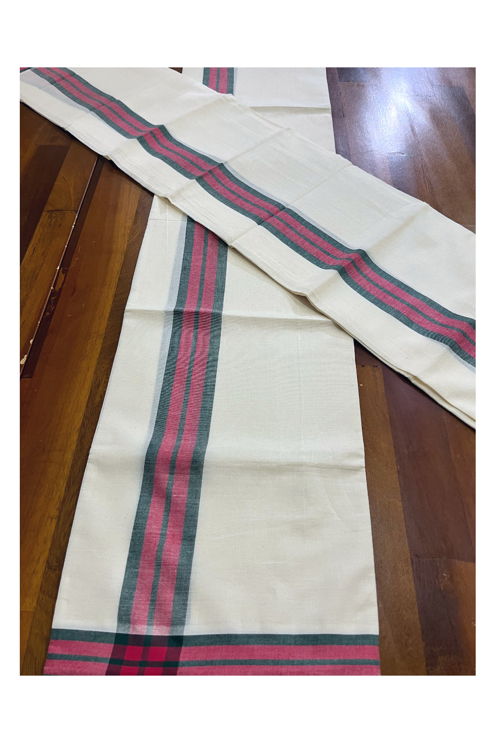 Kerala Cotton Mulloth Mundum Neriyathum Single (Set Mundu) with Maroon Green Border (Extra Soft Cotton) 2.80 Mtrs