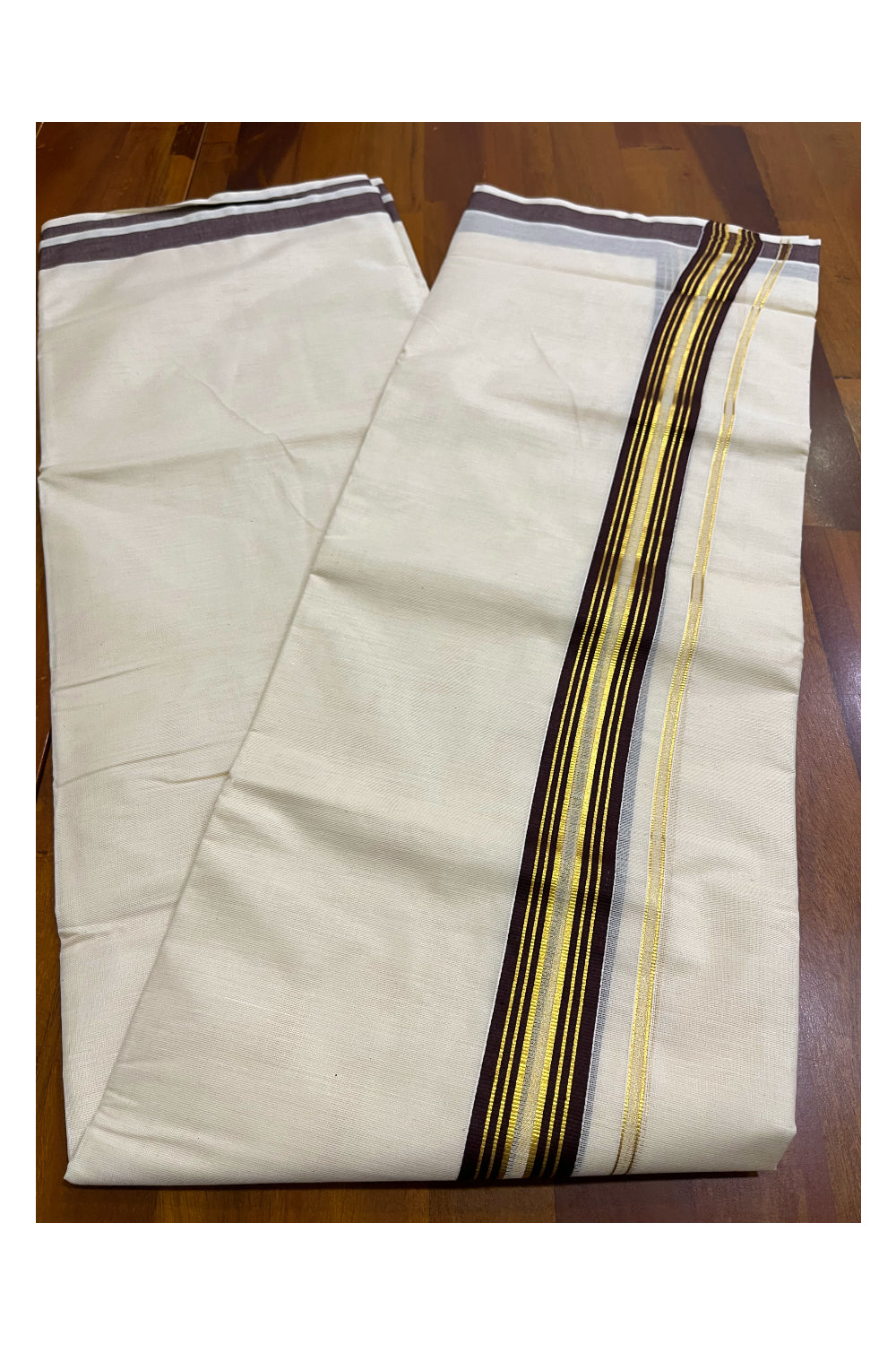 Kerala Pure Cotton Double Mundu with Brown and Kasavu Lines Border (South Indian Kerala Dhoti)