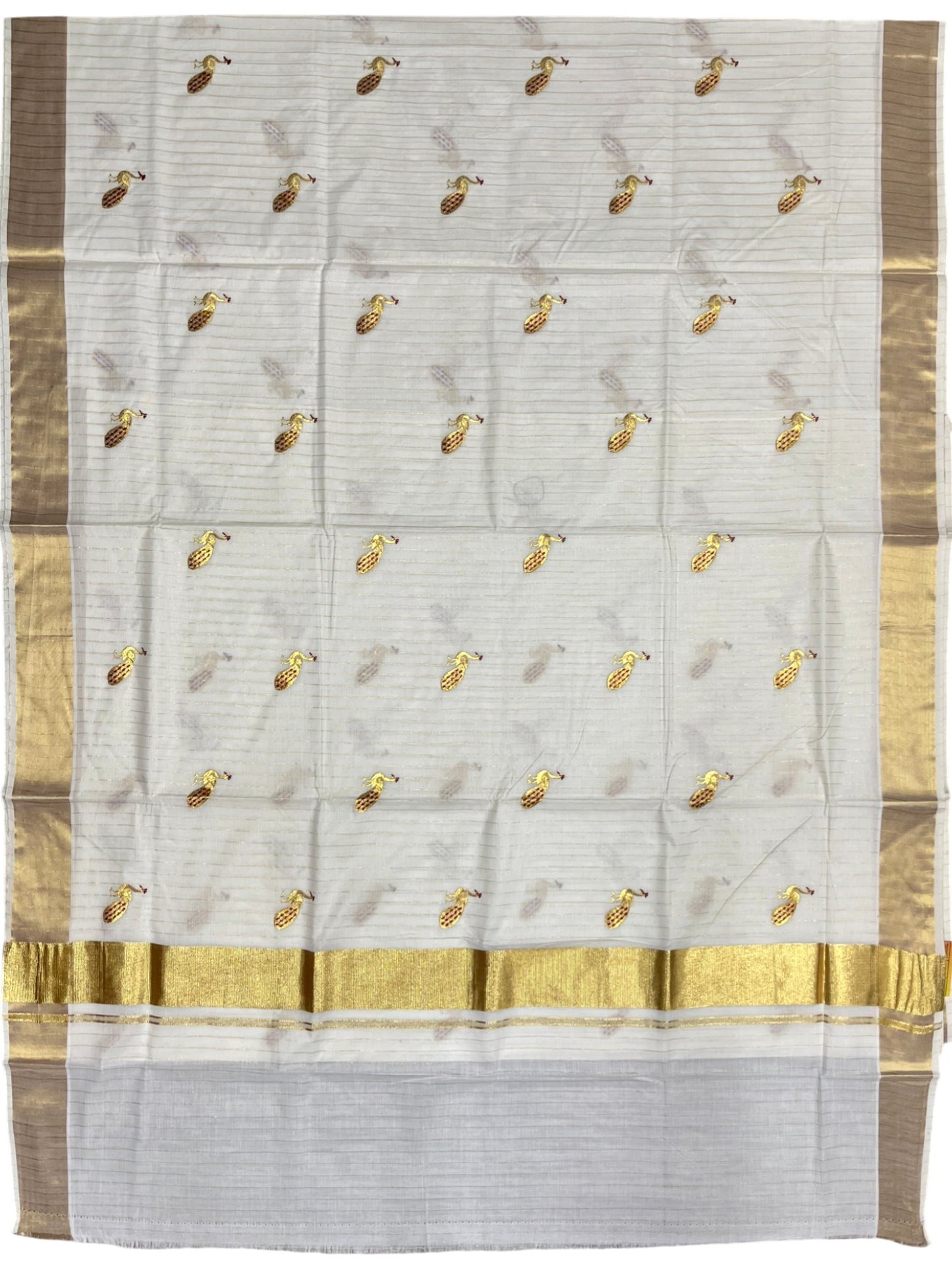Southloom Cotton Kerala Kasavu Lines Saree with Peacock Embroidery Work on Body in Maroon