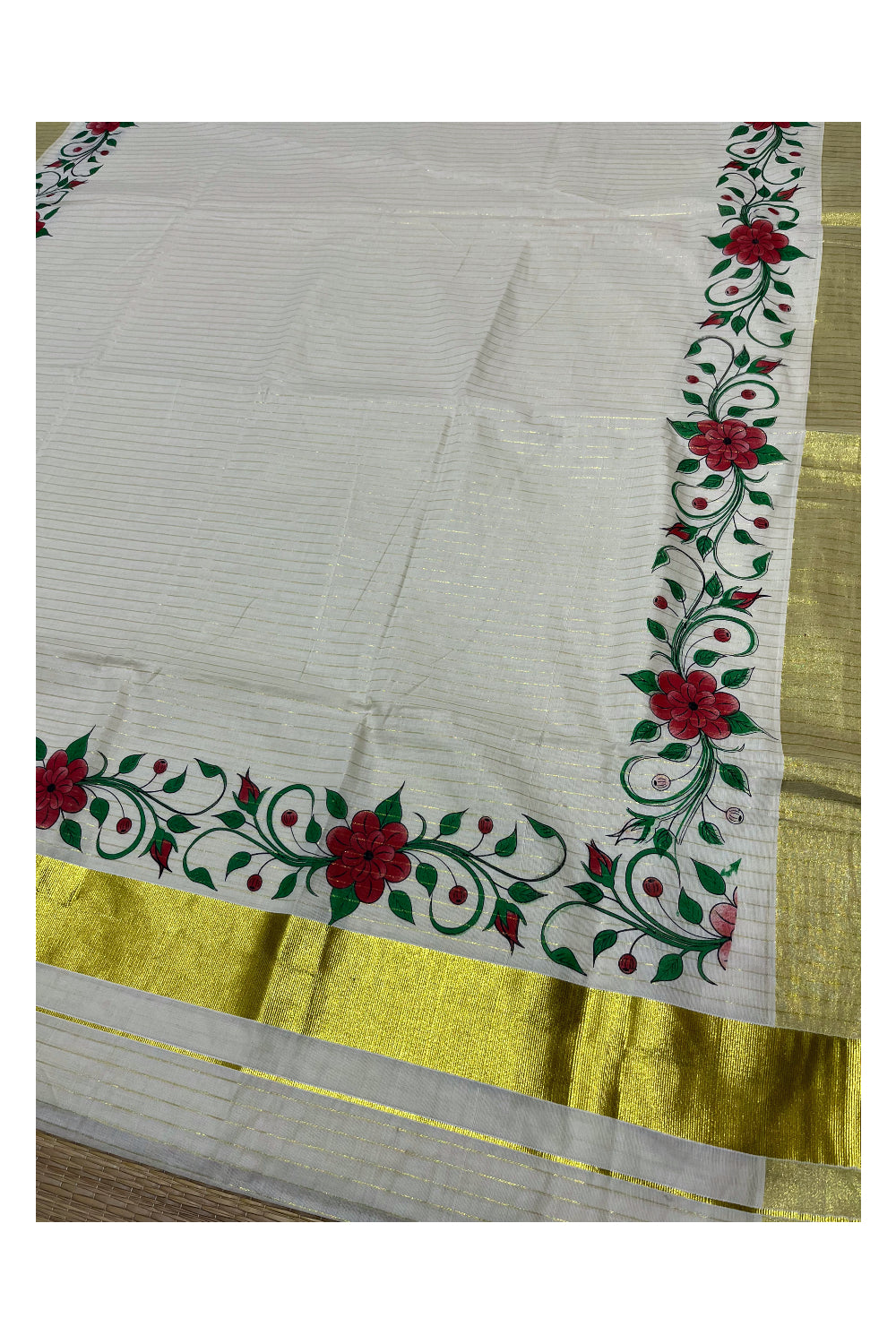 Kerala Pure Cotton Red Floral Printed and Kasavu Lines Saree