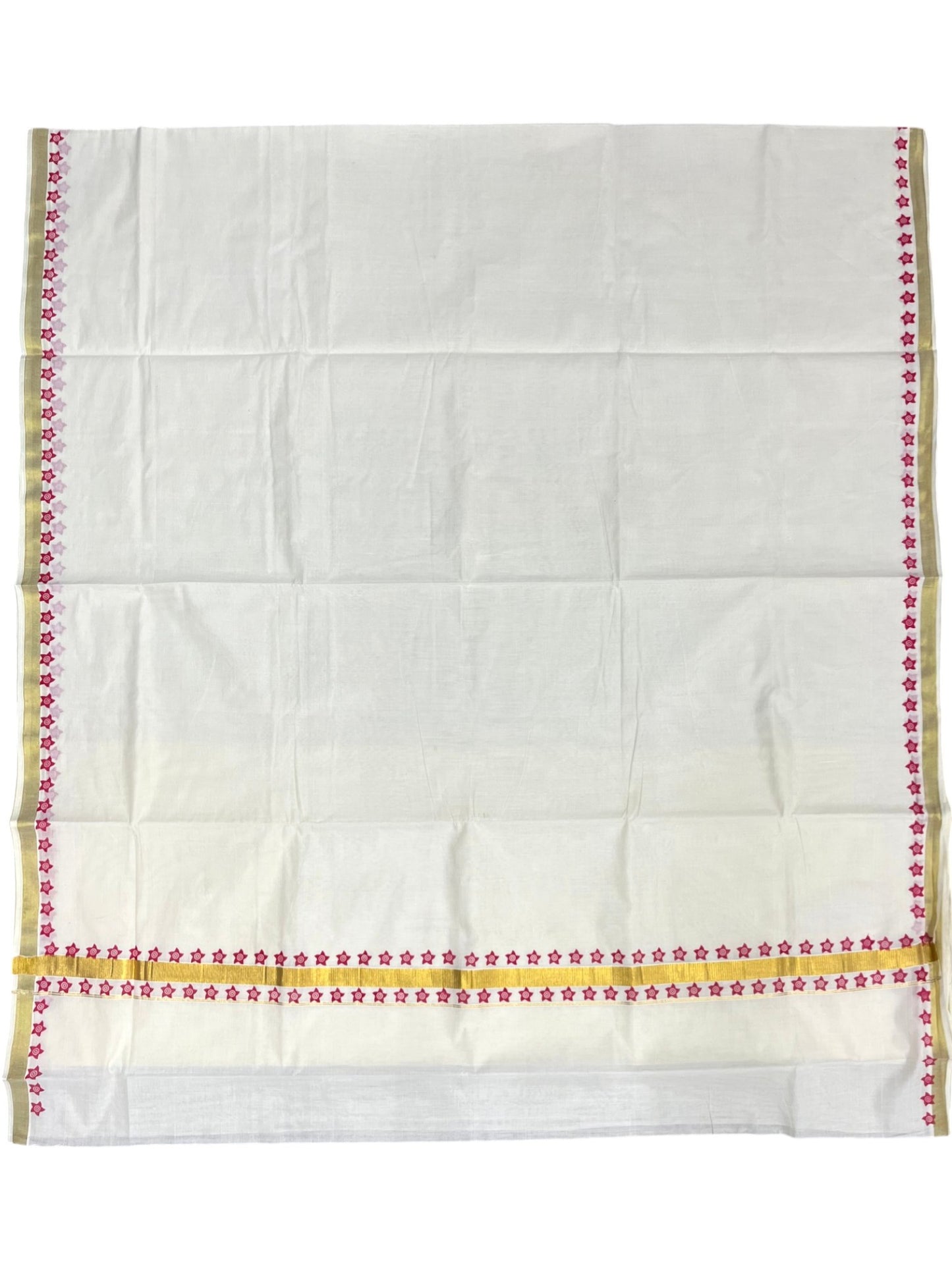 Southloom Cotton Kerala Kasavu Saree with Block Printed Design on Borders and Kara