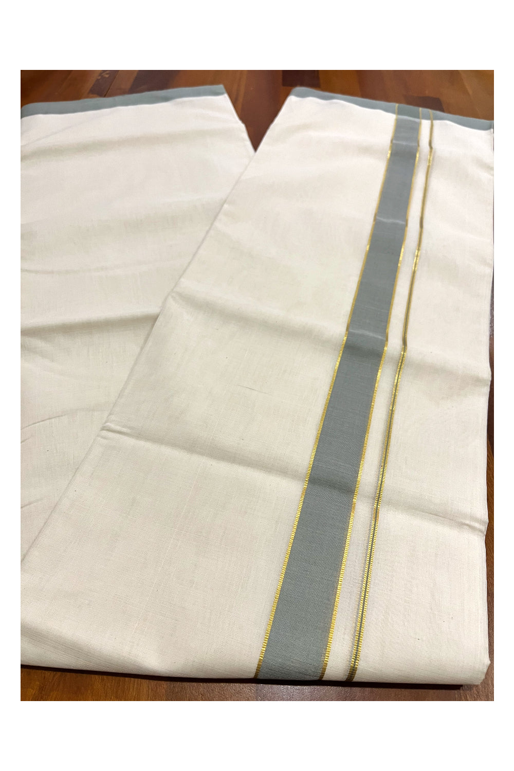 Southloom Premium Balaramapuram Unakkupaavu Handloom Mundu with Kasavu and Grey Border (South Indian Kerala Dhoti)