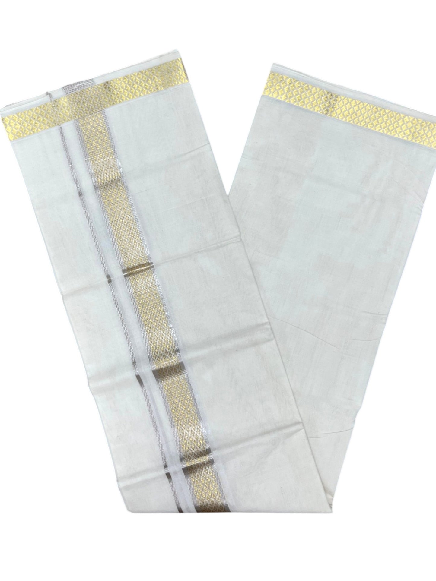 Southloom Balaramapuram Unakkupaavu Premium Handloom Cotton Double Mundu with Gold Kasavu and Silver Border