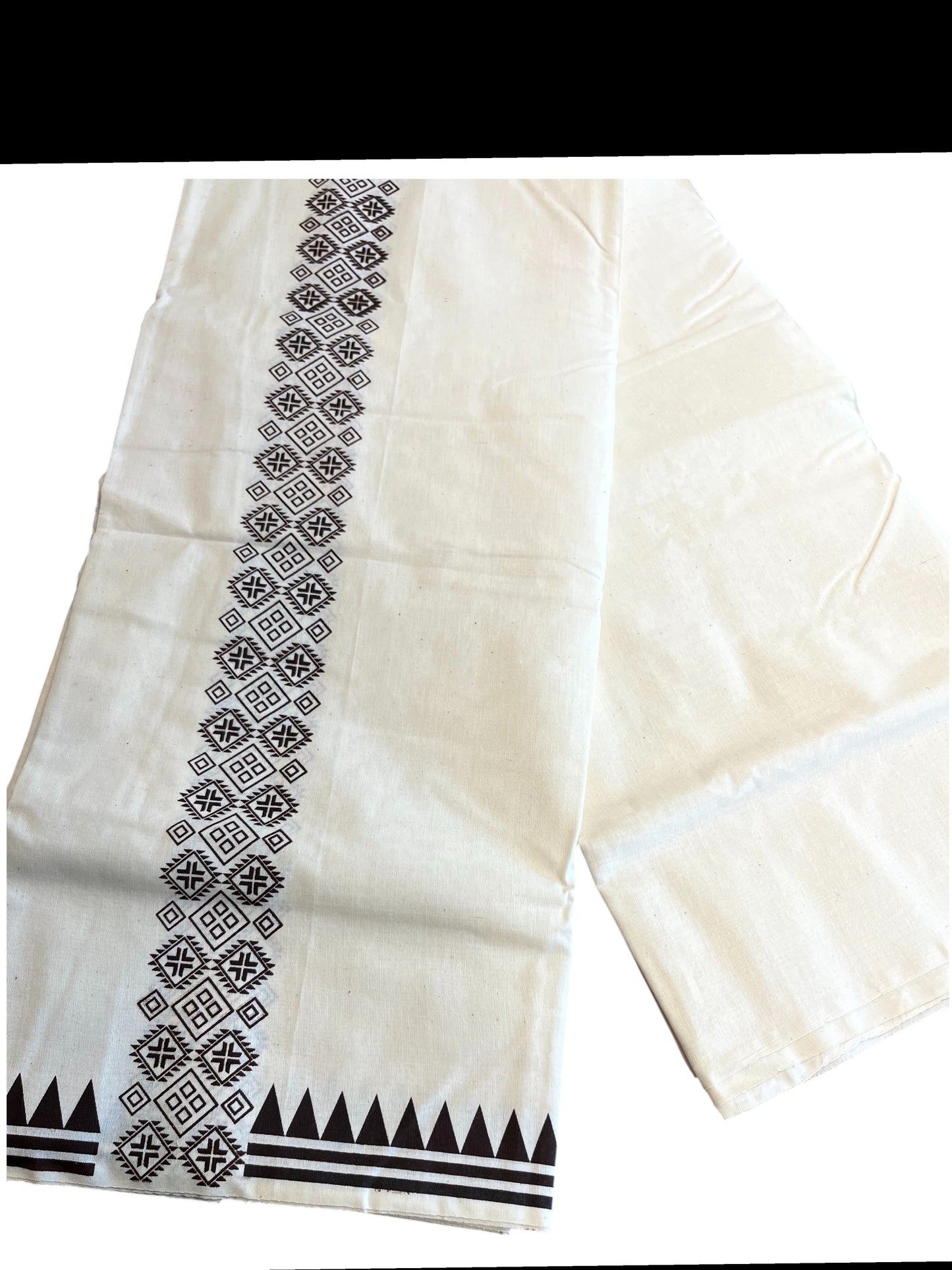 Southloom Pure Cotton Double Mundu with Block Prints on Black Kara (South Indian Kerala Dhoti)
