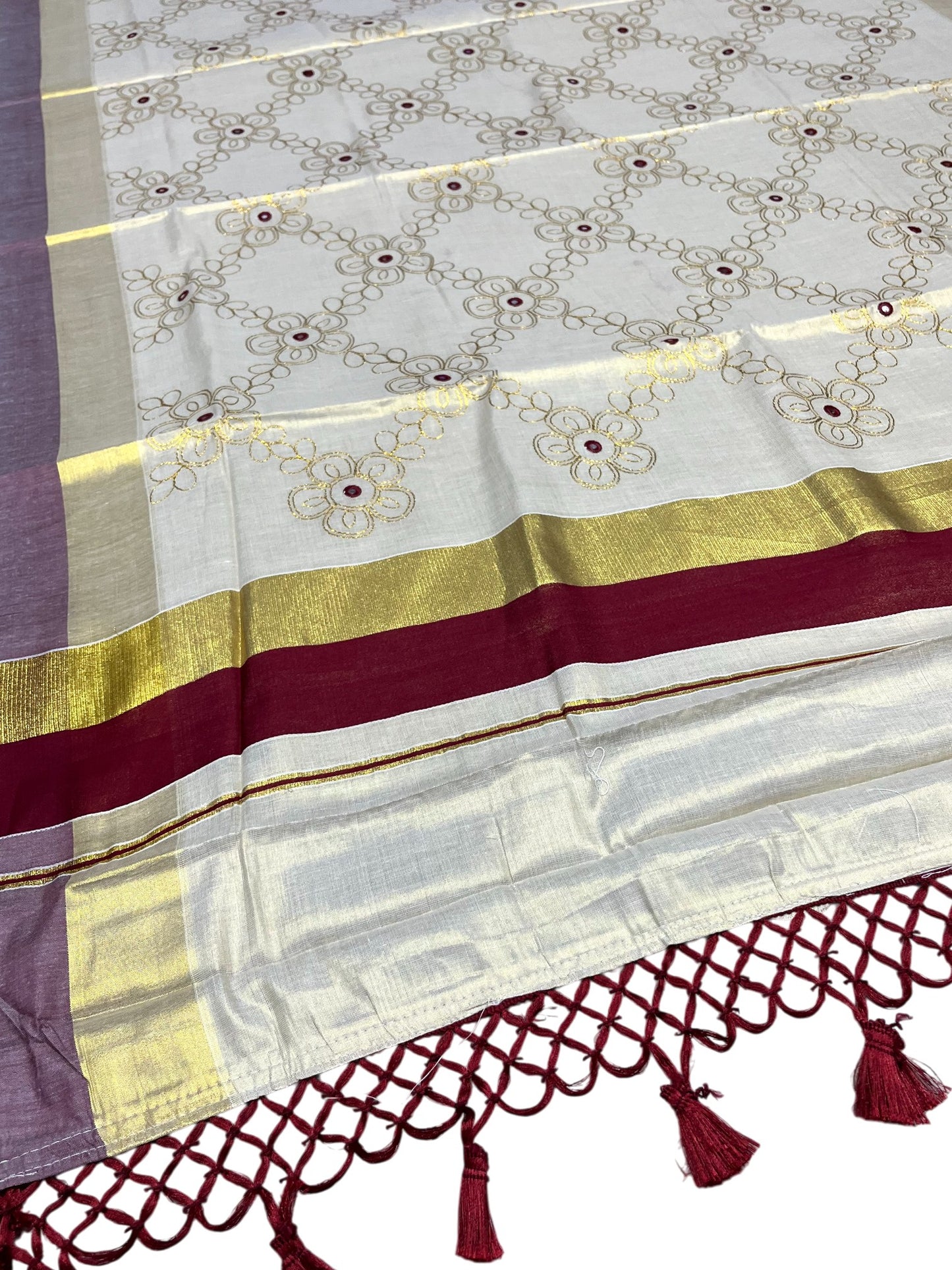 Kerala Tissue Kasavu Stripes Saree with Gold and Maroon Floral Embroidery Design on Body SL269