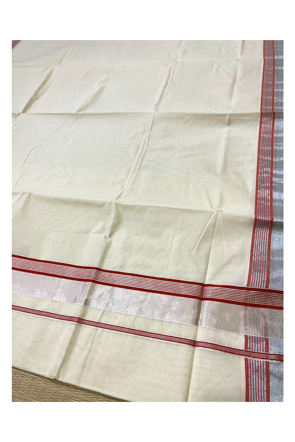 Kerala Pure Cotton Saree with Silver Kasavu and Dark Orange Border (Onam Saree 2023)