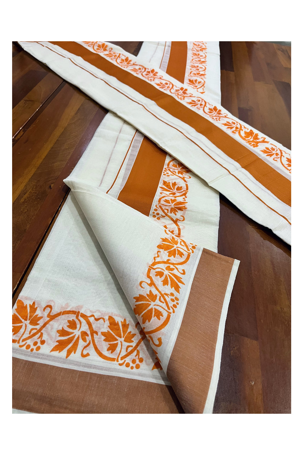 Kerala Pure Cotton Set Mundu Single (Mundum Neriyathum) with Orange Floral Block Prints