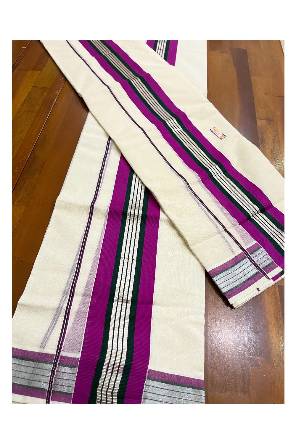 Kerala Cotton Silver Kasavu Set Mundu (Mundum Neriyathum) with Magenta and Dark Green Border 2.80 Mtrs