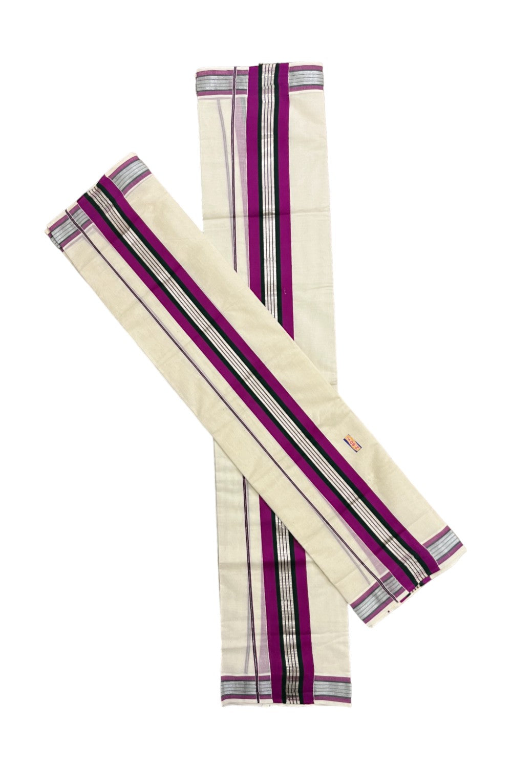 Kerala Cotton Silver Kasavu Set Mundu (Mundum Neriyathum) with Magenta and Dark Green Border 2.80 Mtrs