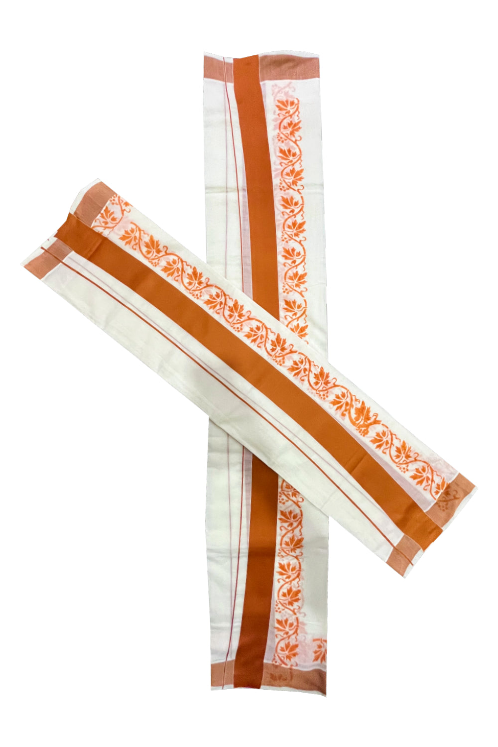 Kerala Pure Cotton Set Mundu Single (Mundum Neriyathum) with Orange Floral Block Prints