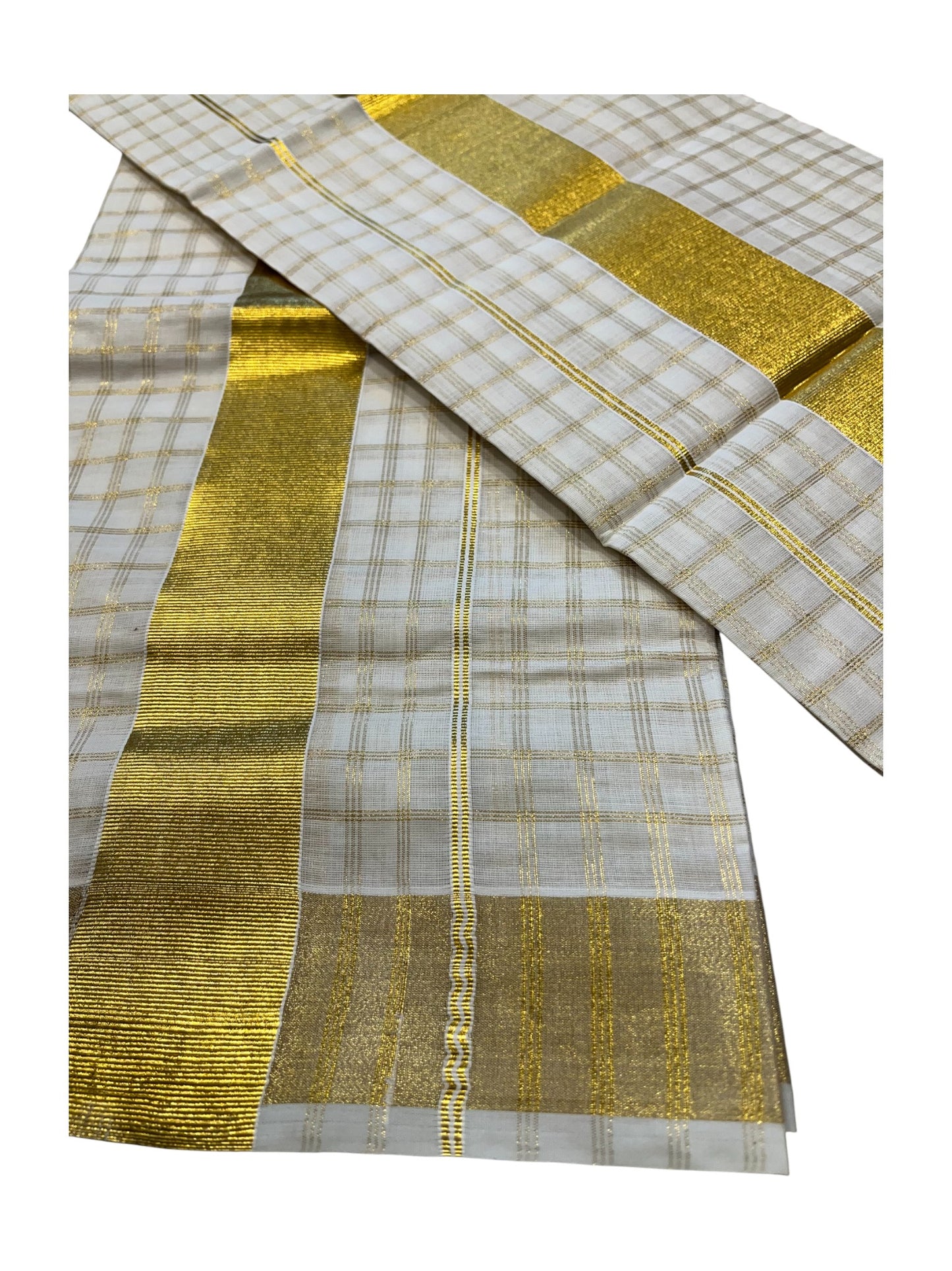 Southloom Pure Cotton Mundum Neriyathum (Set Mundu) with Gold Kasavu Check Acorss Body