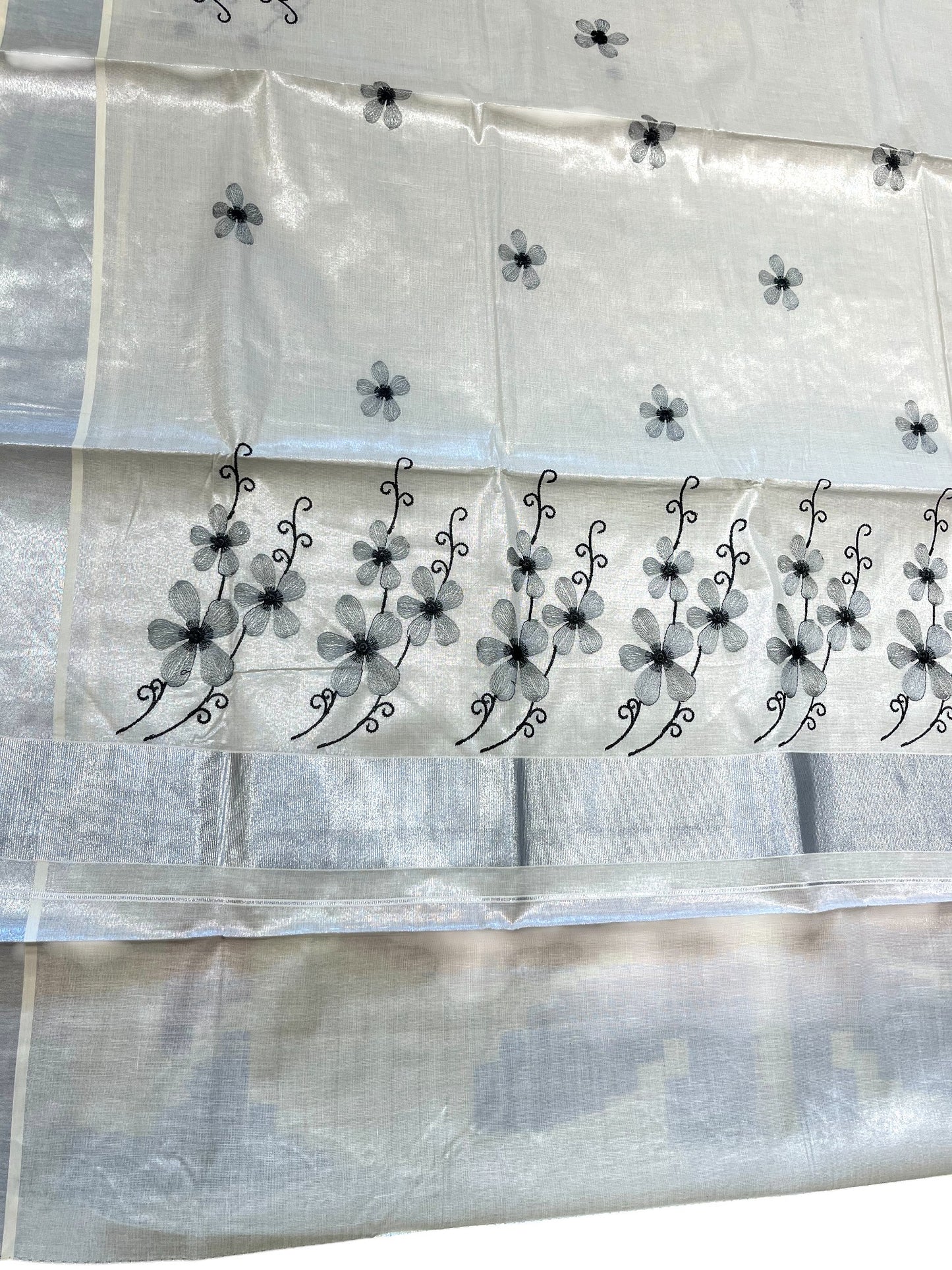 Southloom Kerala Tissue Silver Kasavu Saree with Grey Floral Embroidery on Body and Border