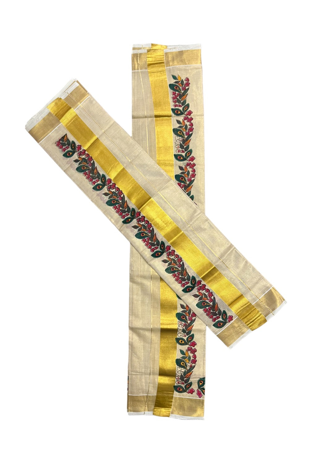 Kerala Tissue Single Set Mundu (Mundum Neriyathum) with Floral Feather Block Prints on Border 2.80 Mtrs