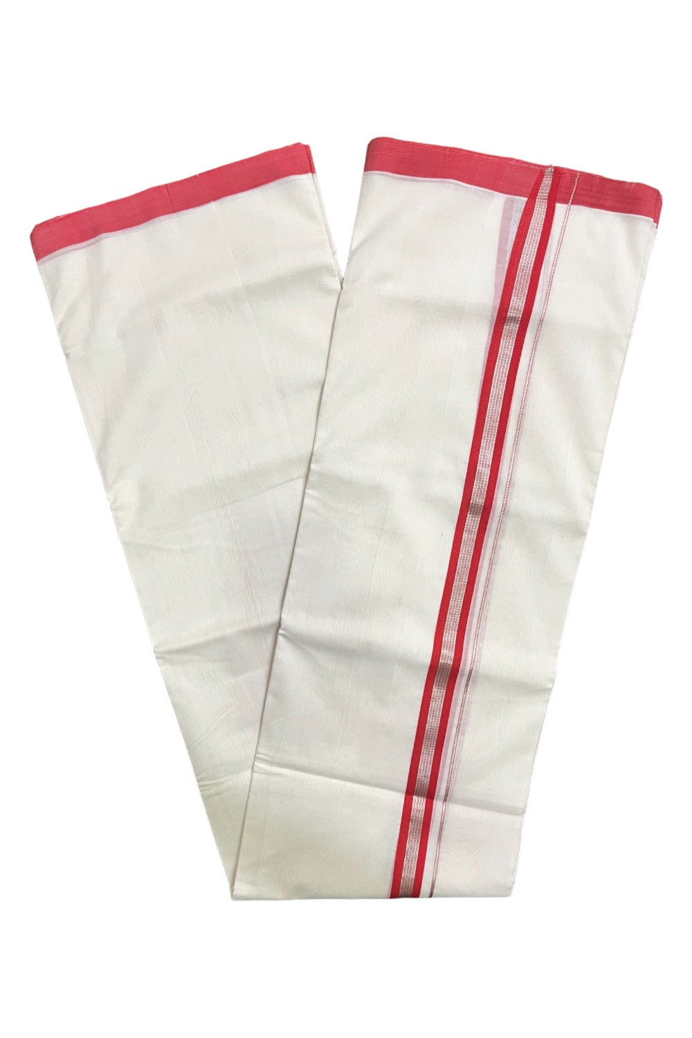 Premium Balaramapuram Handloom Unakkupaavu Cotton Double Mundu with Silver Kasavu and Red Border (Vishu 2024 Collection)