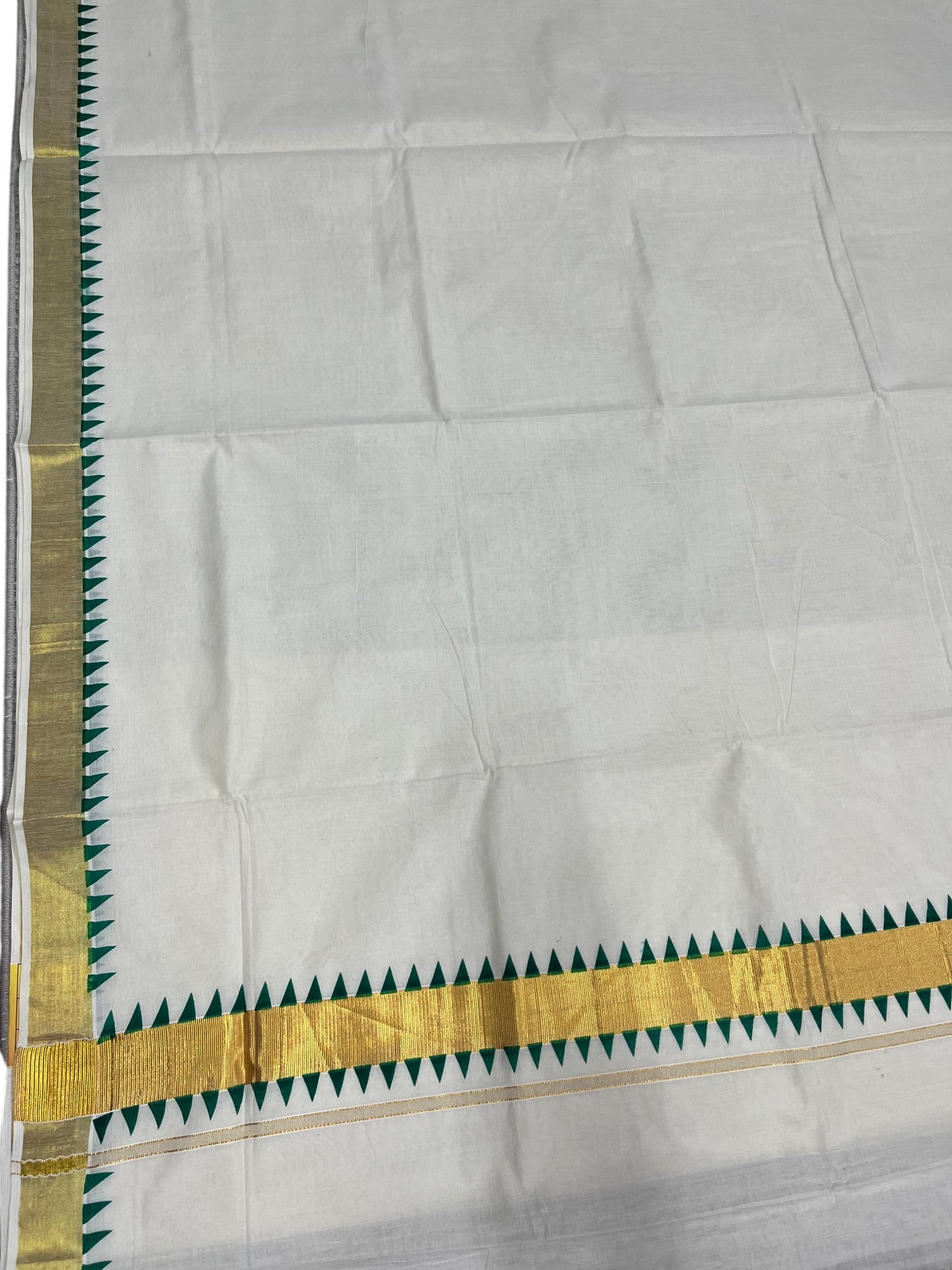 Southloom Cotton Kerala Kasavu Saree with Green Tample Design Border