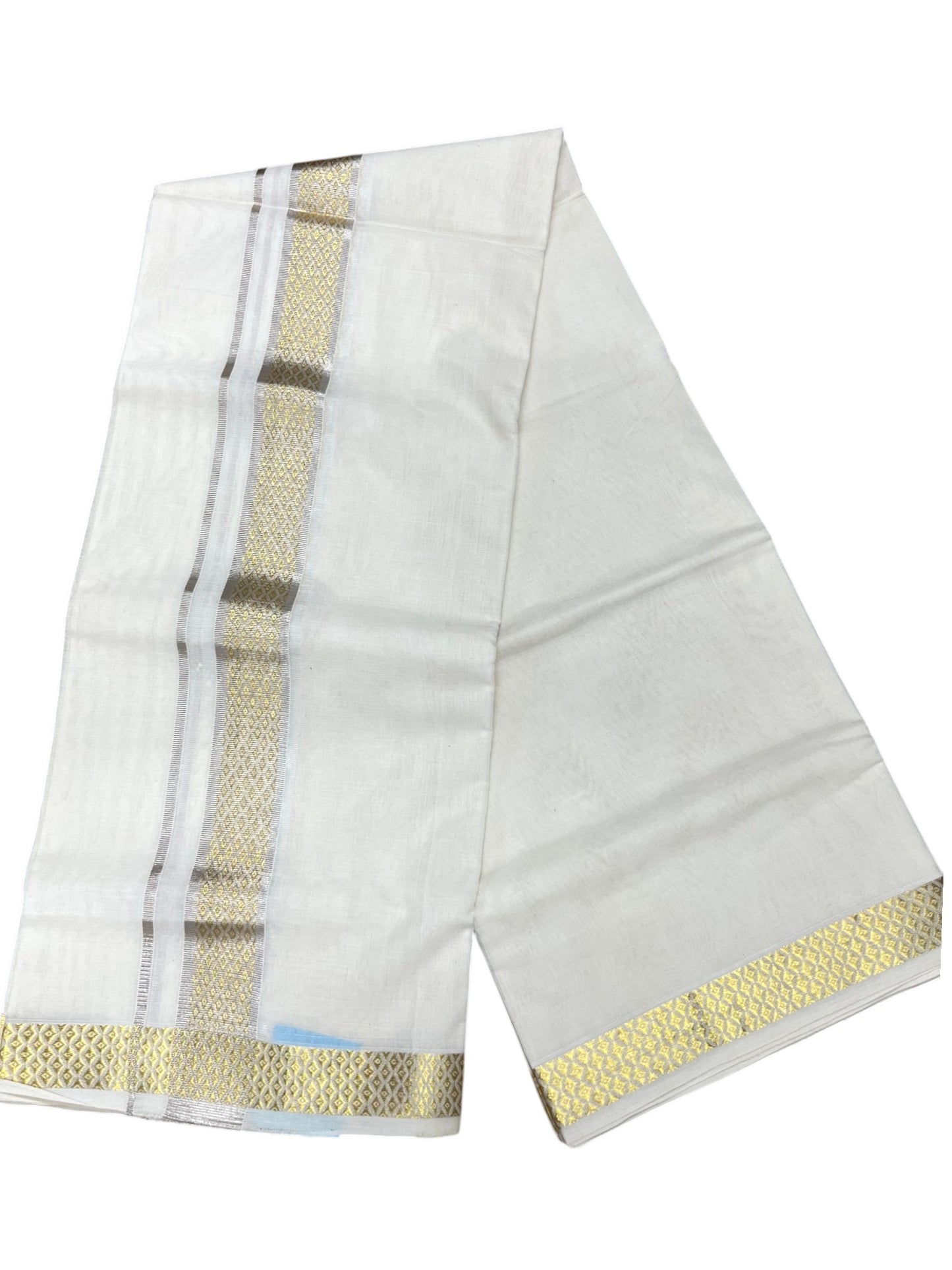 Southloom Balaramapuram Unakkupaavu Premium Handloom Cotton Double Mundu with Gold Kasavu and Silver Border