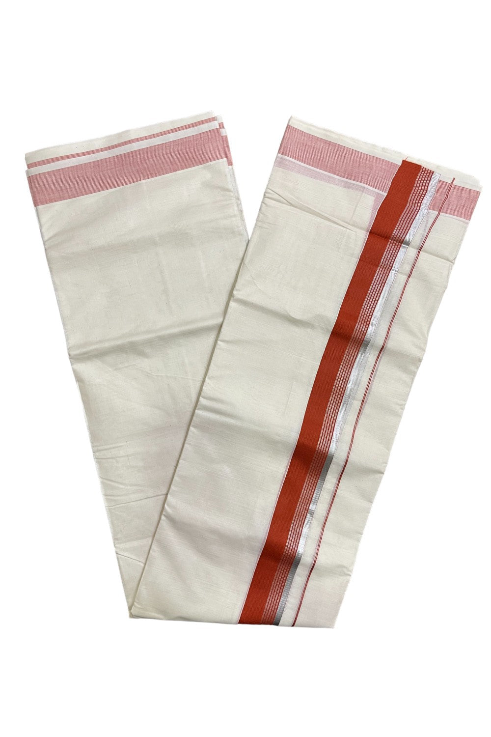 Off White Kerala Cotton Double Mundu with Silver Kasavu and Orange Border (South Indian Kerala Dhoti)