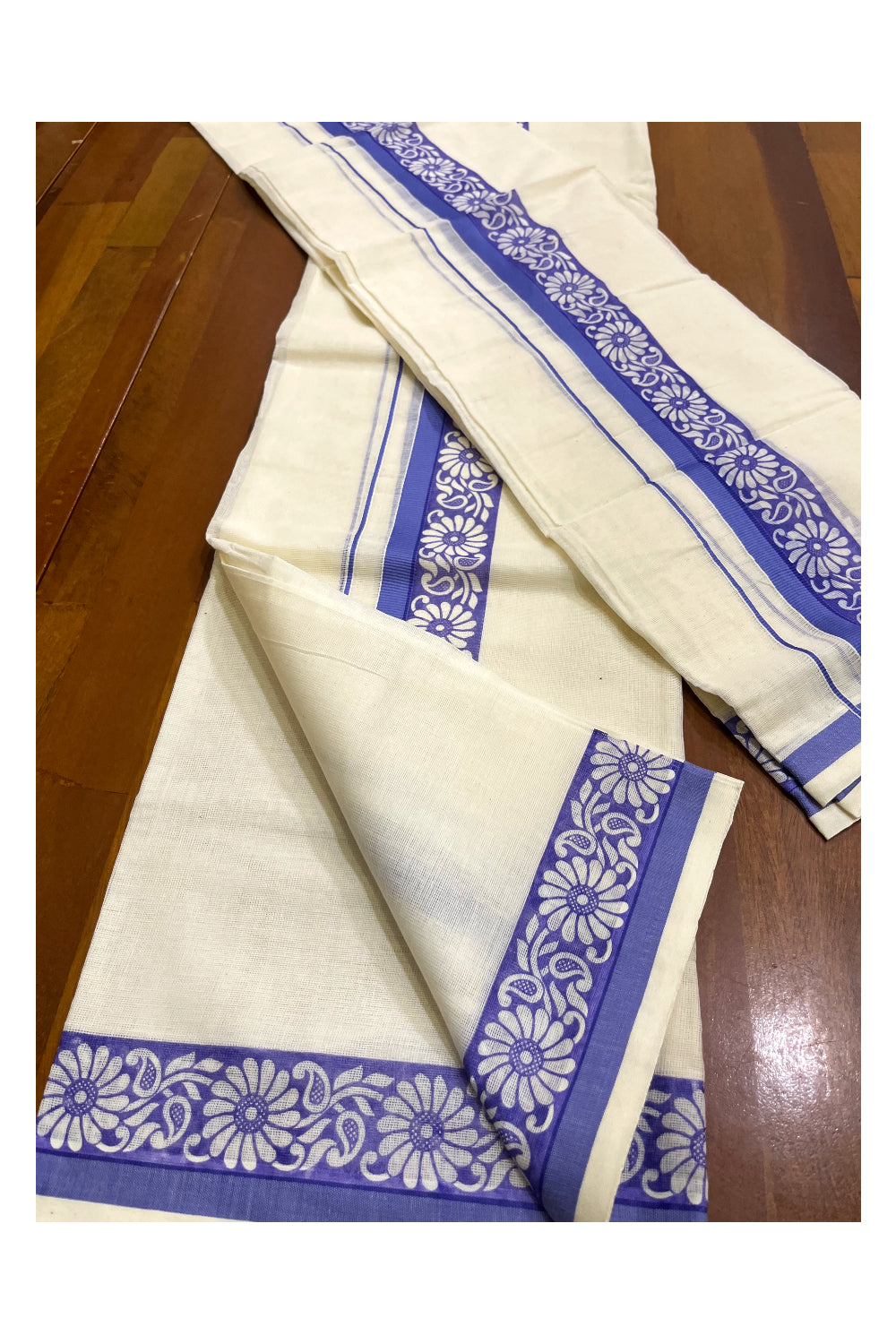 Kerala Cotton Kasavu Single Set Mundu (Mundum Neriyathum) with Violet Kara and  Block prints (Onam 2024 Collection)