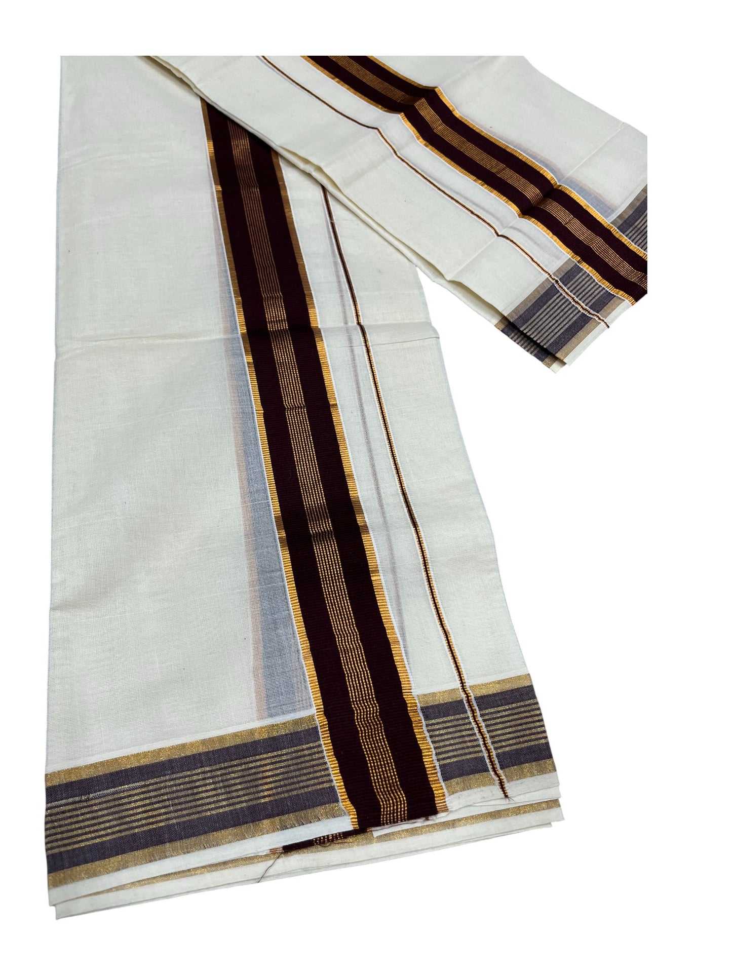 Kerala Cotton Single Set Mundu (Mundum Neriyathum) with Brown Kasavu Border in 2.80 Mtrs