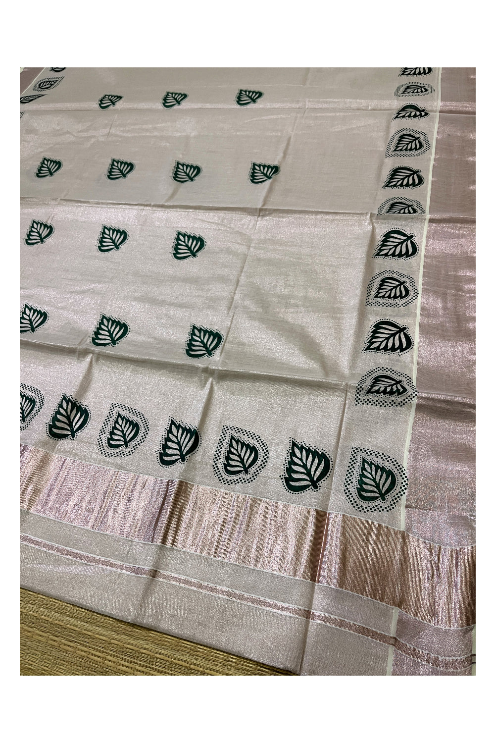 Kerala Rose Copper Tissue Kasavu Saree with Green Leaf Block Printed Design