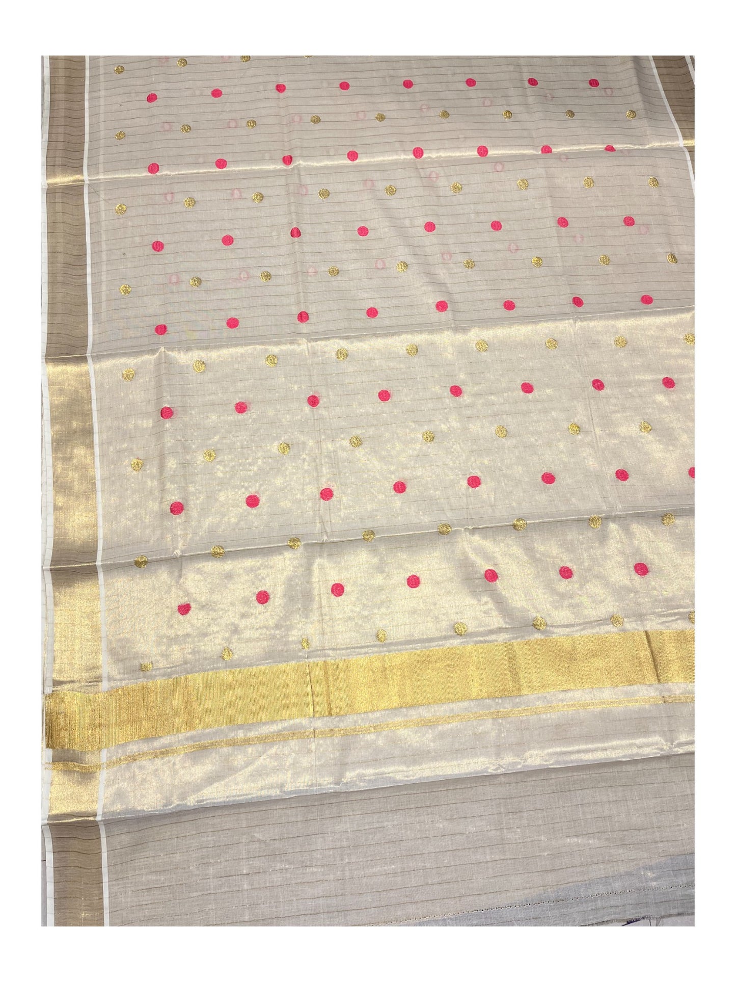 Southloom Kerala Tissue Kasavu Saree with Gold& Pink Polka Embroidery Works on Body