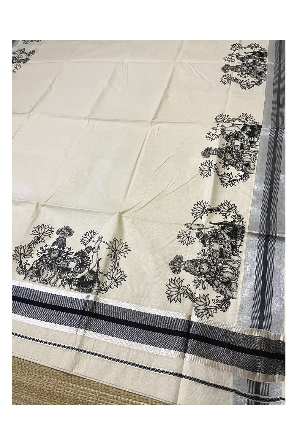 Pure Cotton Kerala Silver Kasavu Saree with Krishna Radha Mural Prints and Black Border