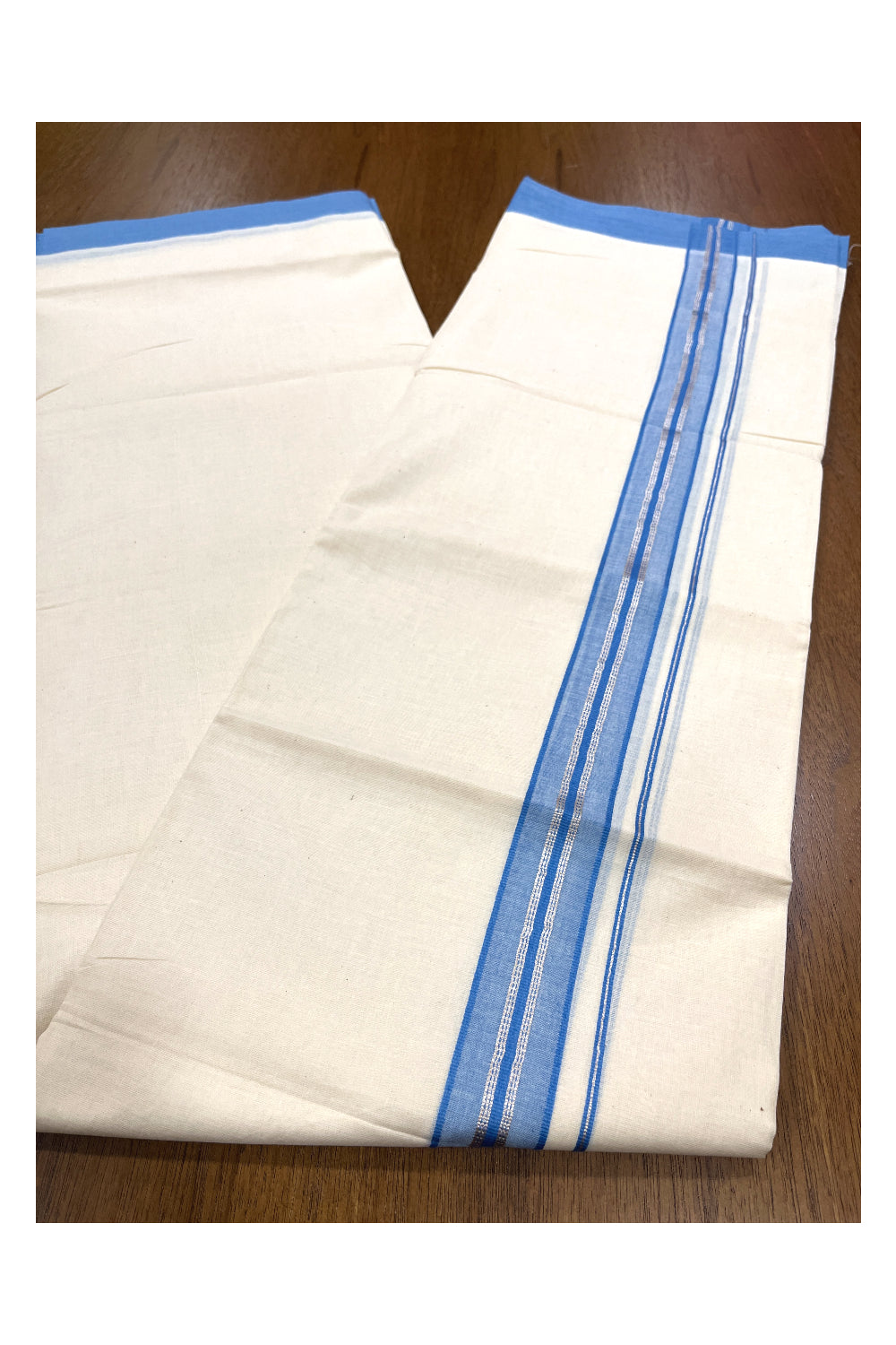 Pure Cotton Double Mundu with Silver Kasavu and Blue Border (South Indian Kerala Dhoti)