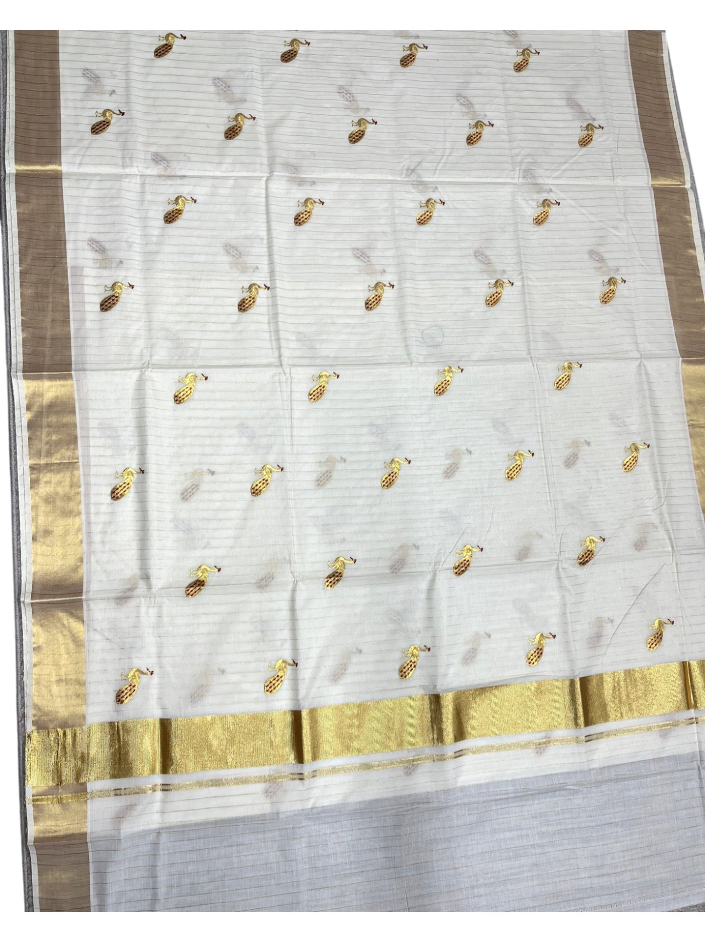 Southloom Cotton Kerala Kasavu Lines Saree with Peacock Embroidery Work on Body in Maroon