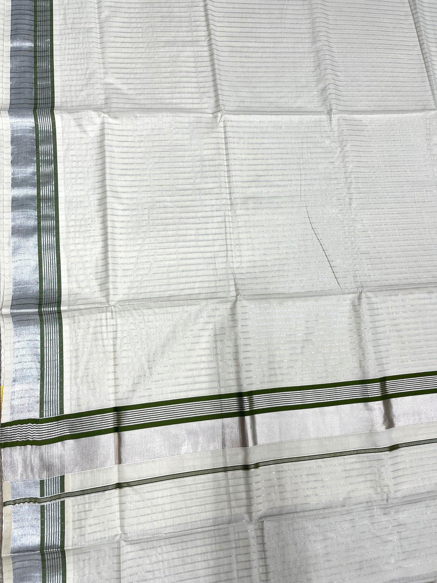 Southloom Pure Cotton Kerala Silver Kasavu Lines Saree with Olive Green and Silver Border