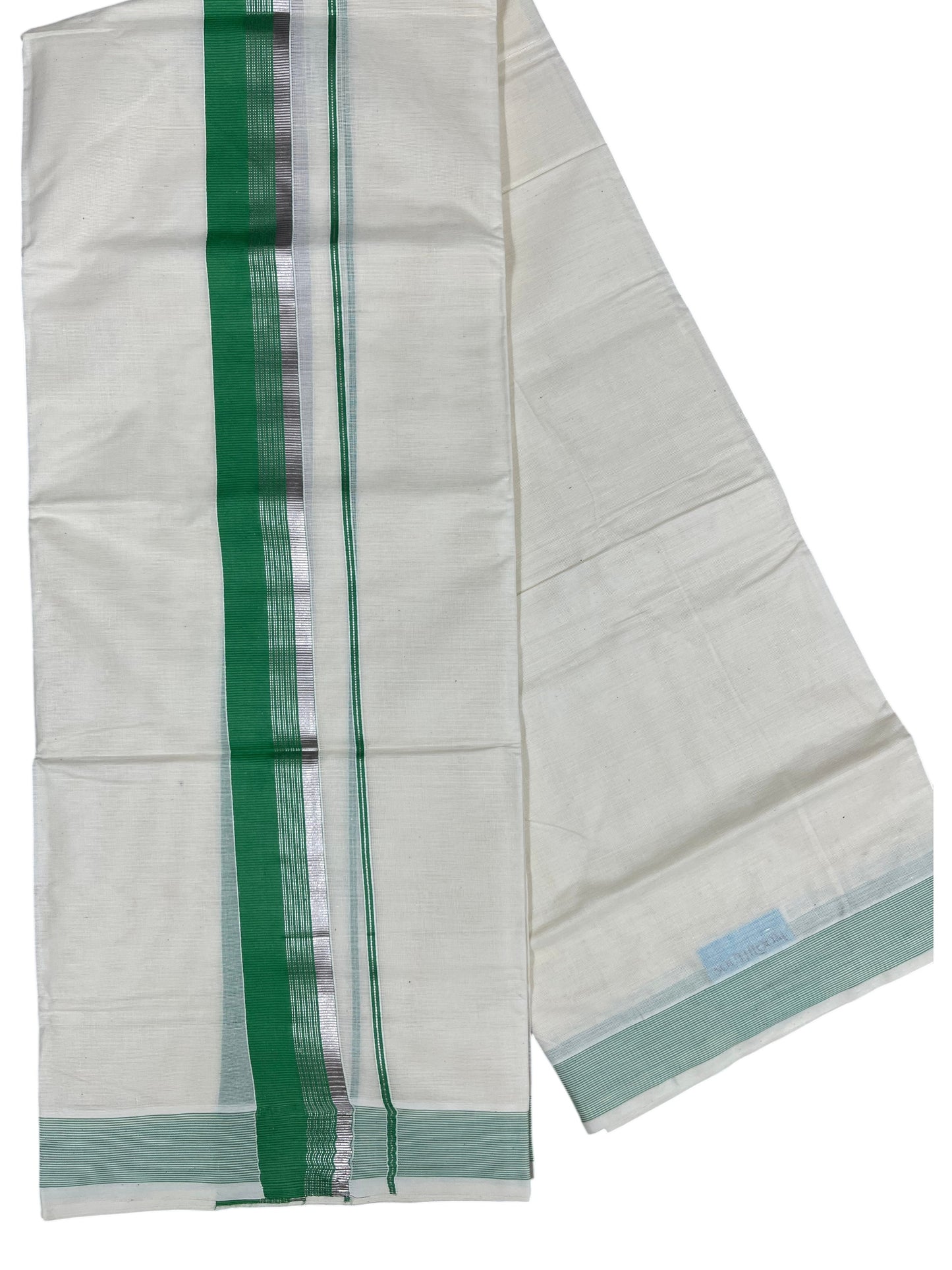 Southloom Pure Cotton Mundu with Silver Lines and Green Border (South Indian Kerala Dhoti)