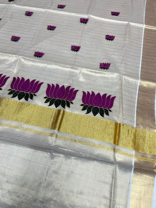 Southloom Kerala Tissue Lines Kasavu Saree with Purple And Green Lotus Embroidery Works