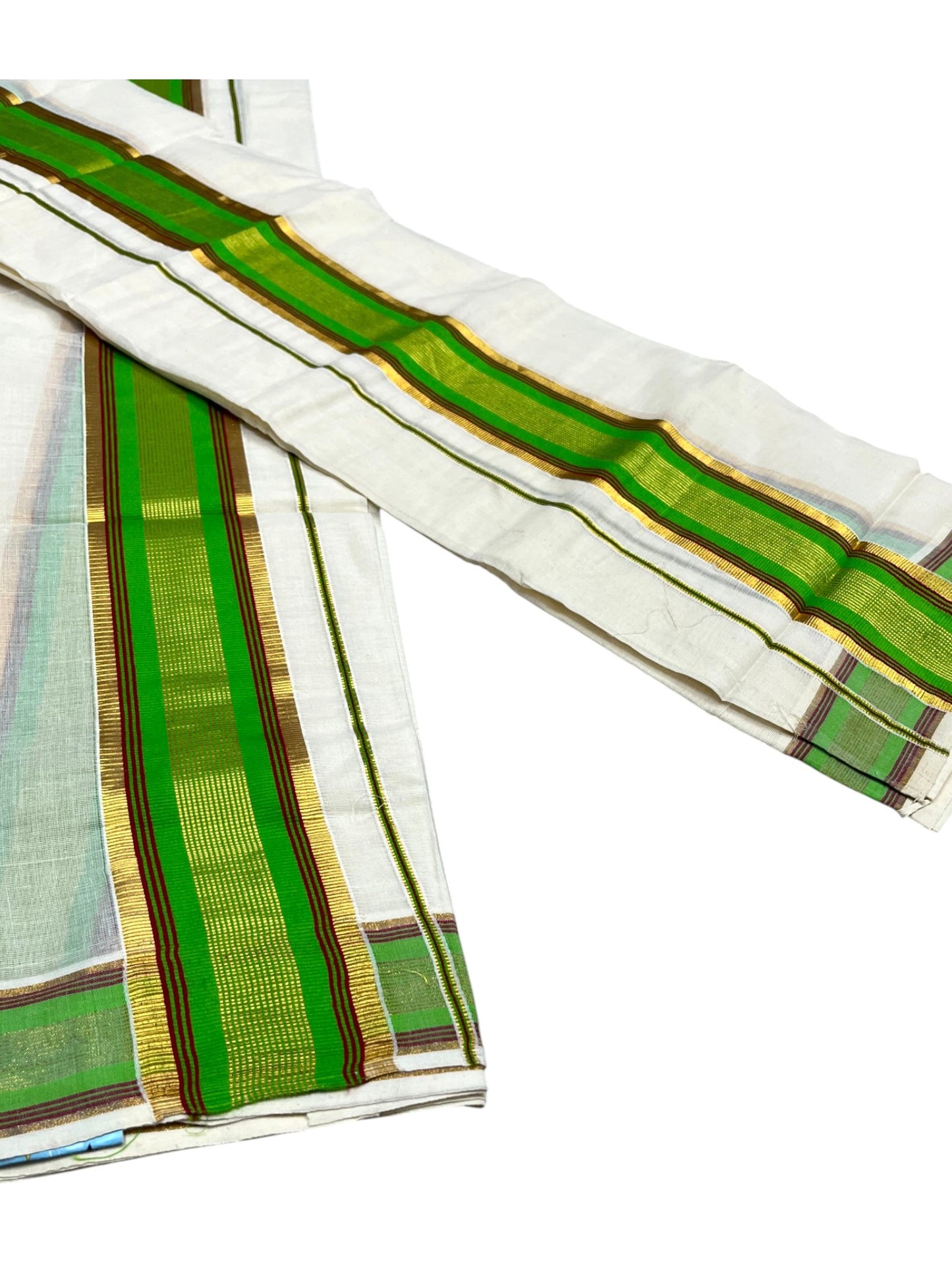 Kerala Cotton Set Mundu (Mundum Neriyathum) with Kasavu and Light Green& Maroon Border in 2.80 Mtrs SLKK SL470
