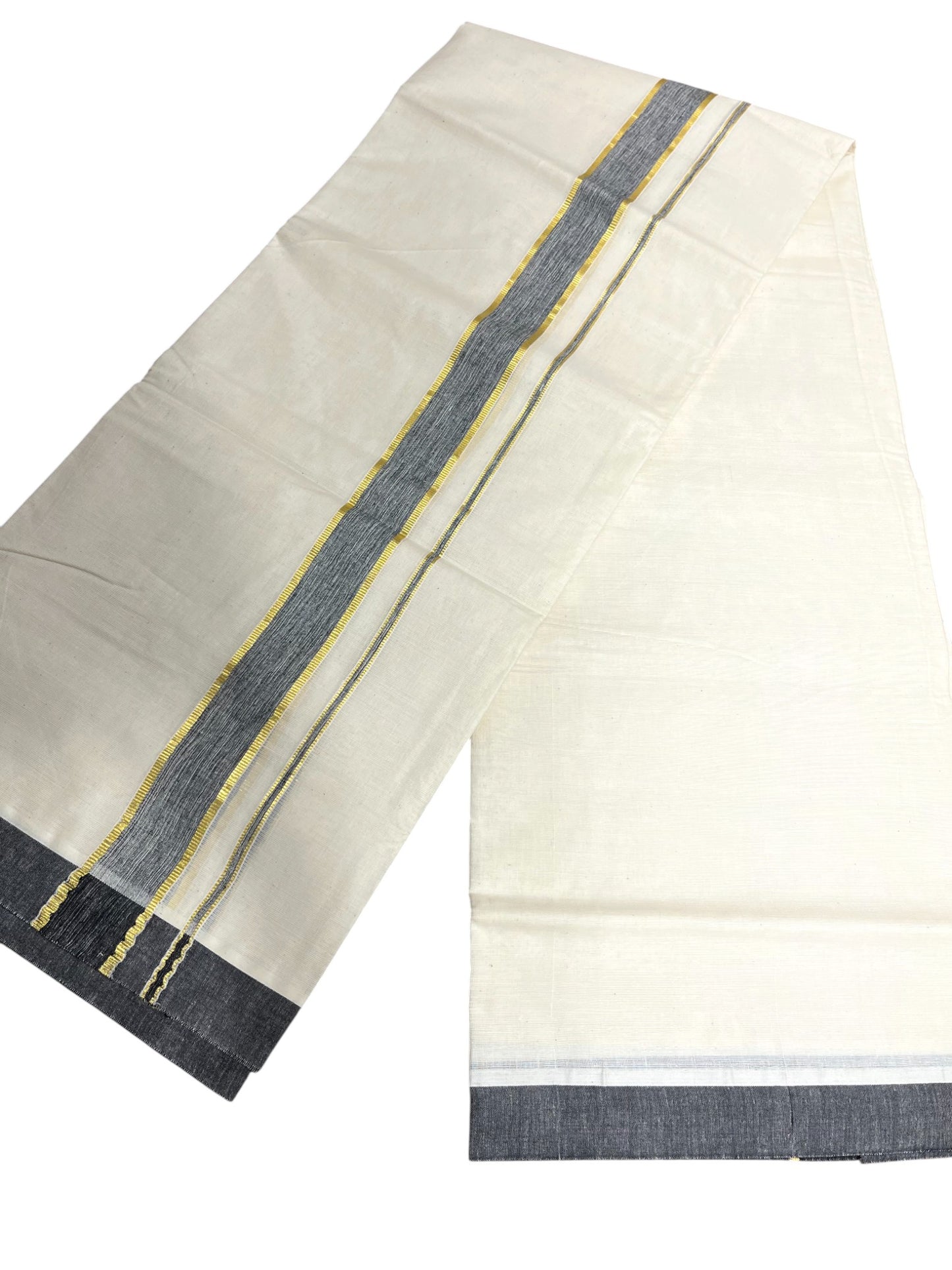 Southloom Kerala Pure Cotton Double Mundu with Gold Lines & Black Border (South Indian Dhoti)