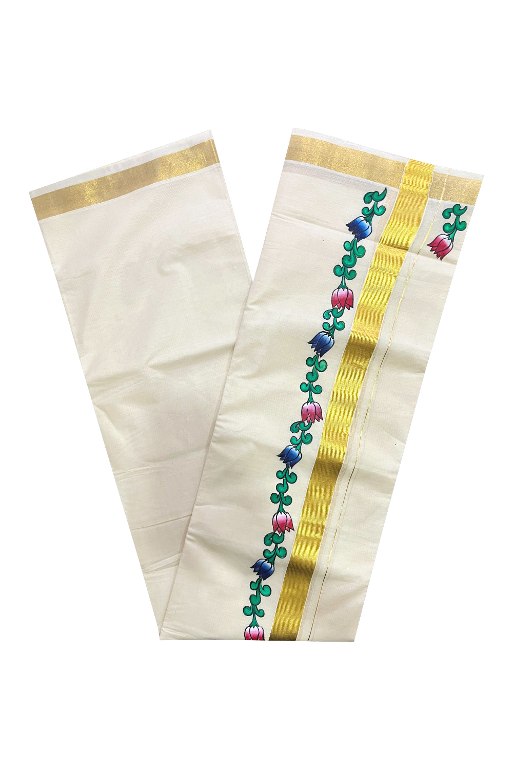 Off White Kerala Cotton Double Mundu with Floral Hand Painted Designs on Kasavu Border (South Indian Kerala Dhoti)