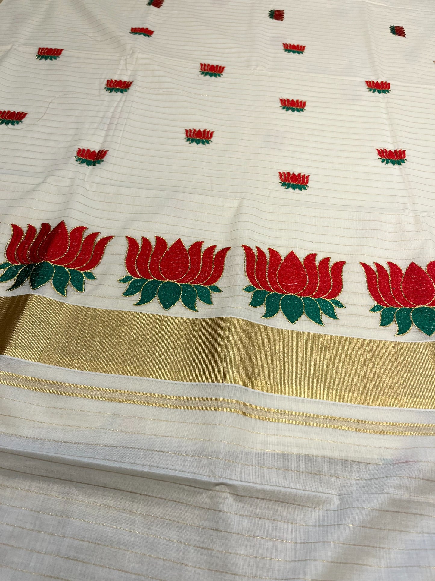 Southloom Kerala Cotton Kasavu Line Saree with Red Lotus Embroidery Works