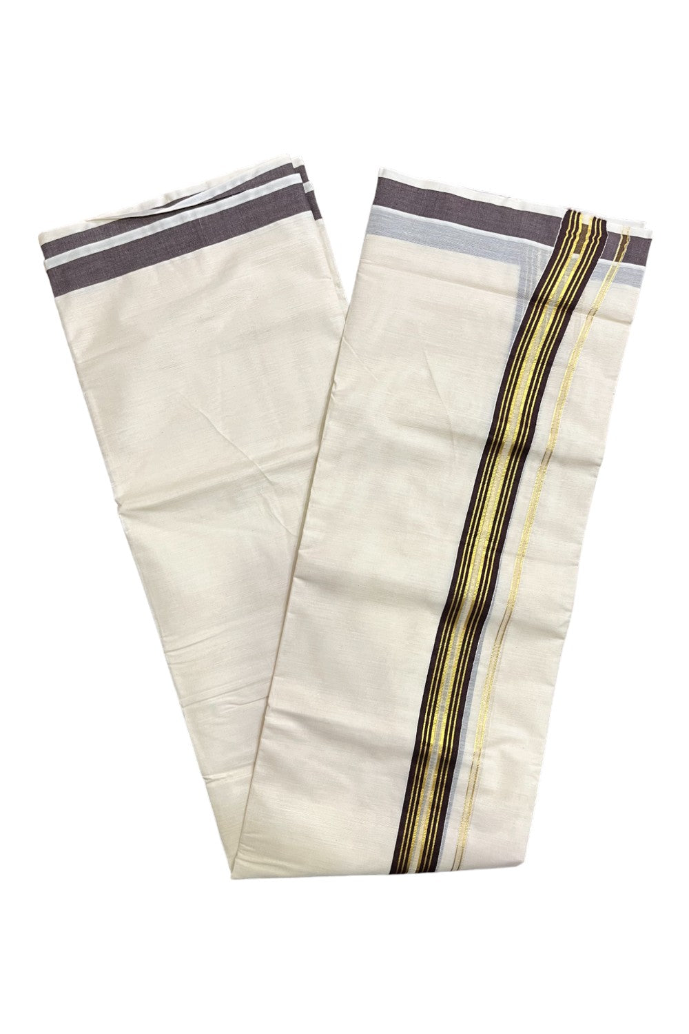 Kerala Pure Cotton Double Mundu with Brown and Kasavu Lines Border (South Indian Kerala Dhoti)