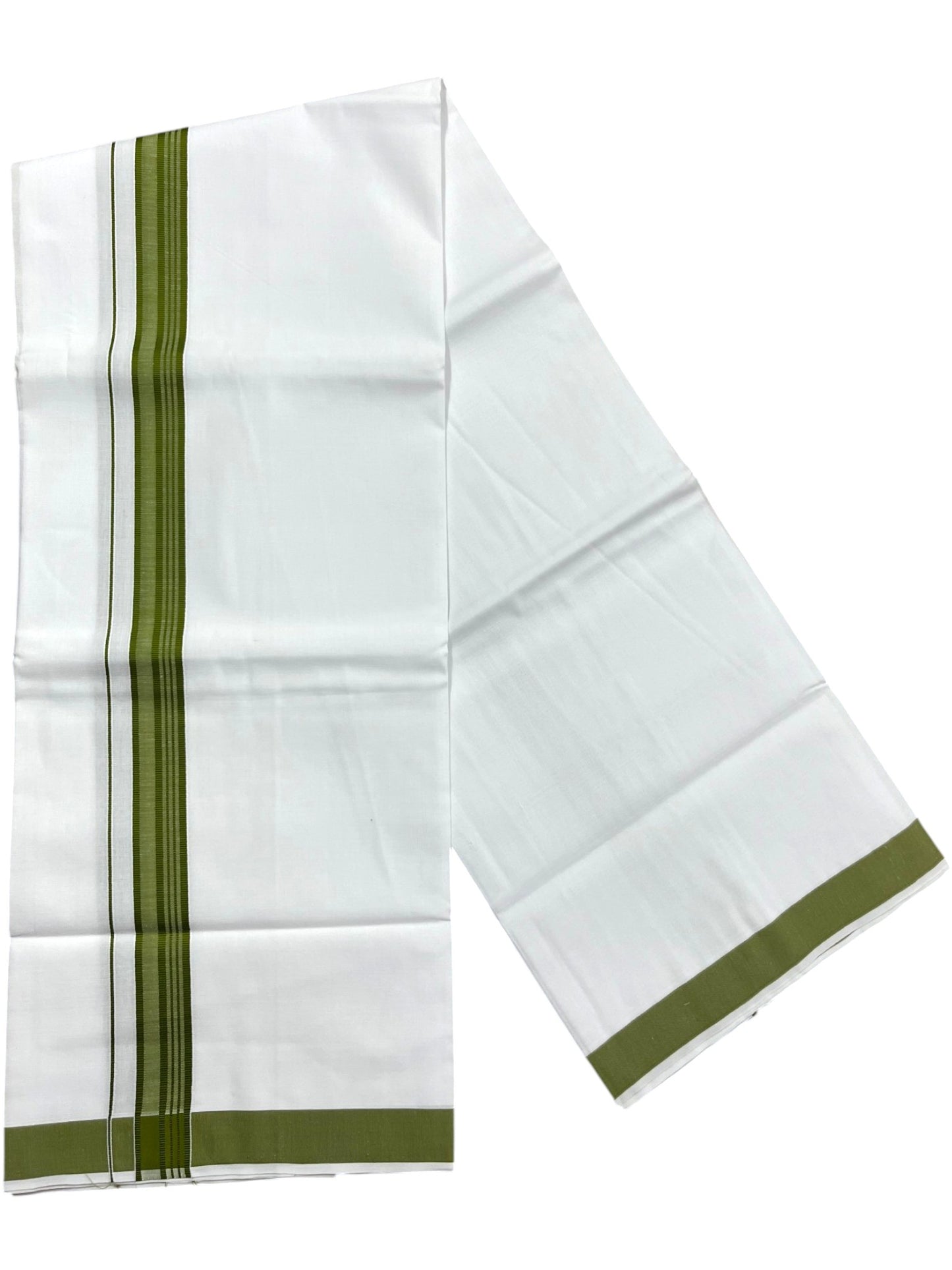 Southloom Pure White Cotton Mundu with Olive Green Lines Border (South Indian Kerala Dhoti)