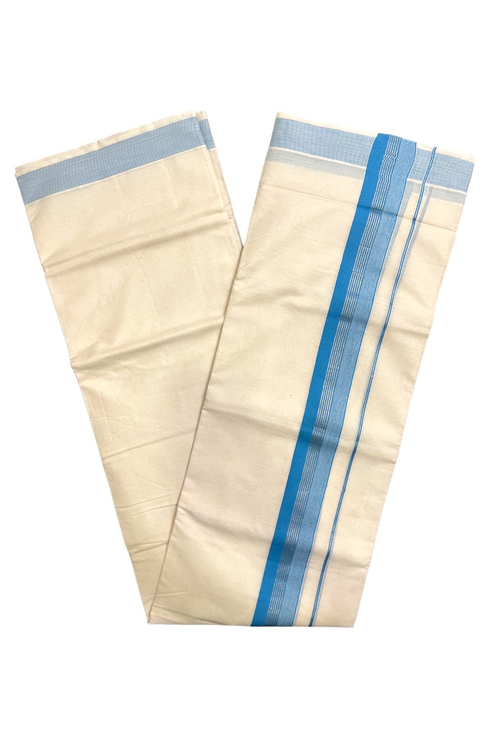 Kerala Pure Cotton Double Mundu with Blue and Silver Kasavu Border (South Indian Kerala Dhoti)