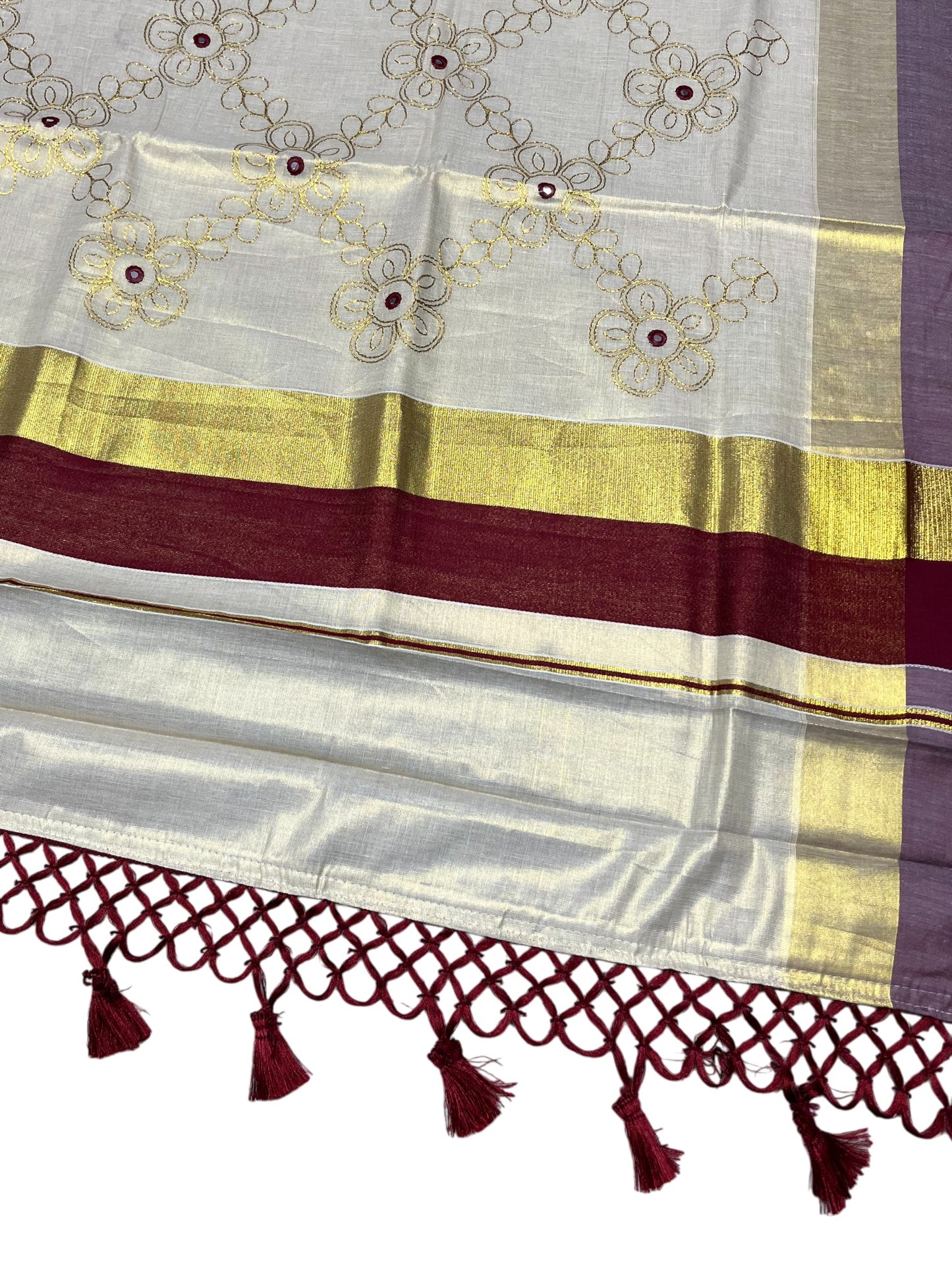 Kerala Tissue Kasavu Stripes Saree with Gold and Maroon Floral Embroidery Design on Body SL269
