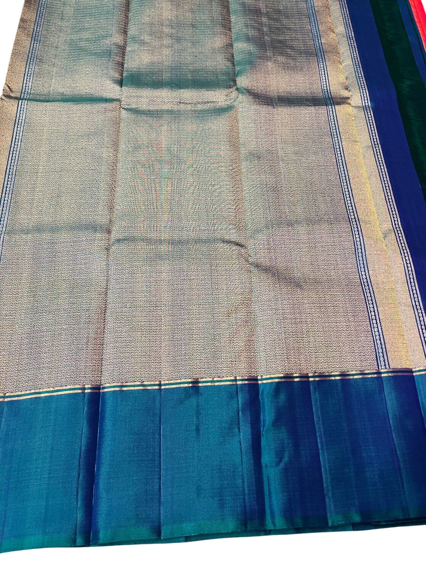 Southloom Pure Handloom Bridal Kanchipuram Silk Saree with Korvai Work (Orange & Blue)