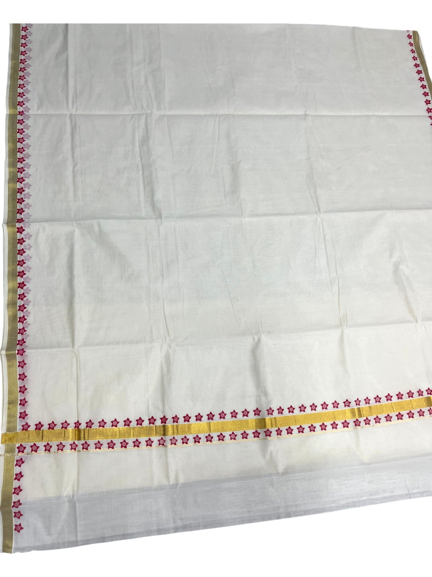 Southloom Cotton Kerala Kasavu Saree with Block Printed Design on Borders and Kara