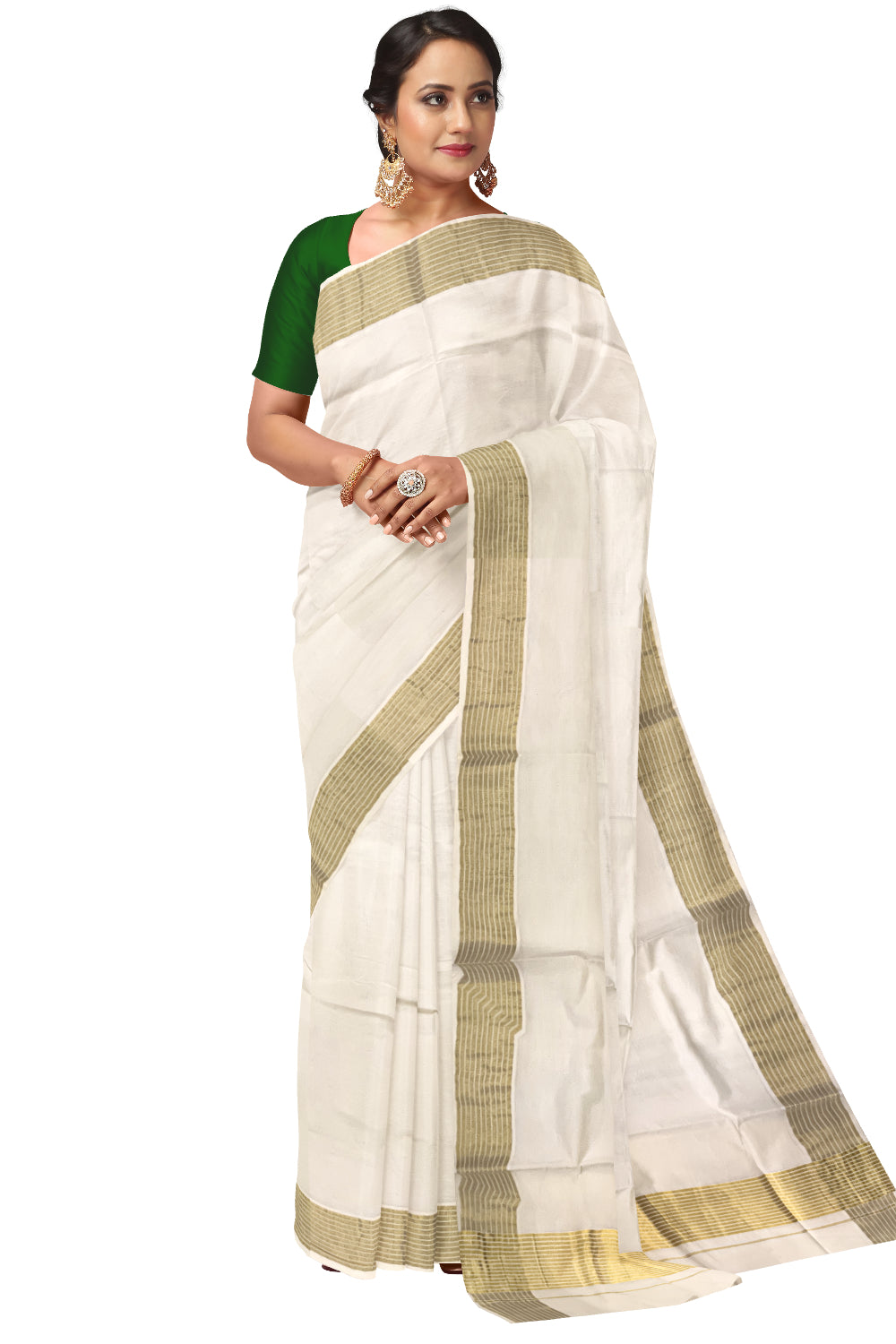 Pure Cotton Plain Kerala Saree With Lines Kasavu 5x4 Border