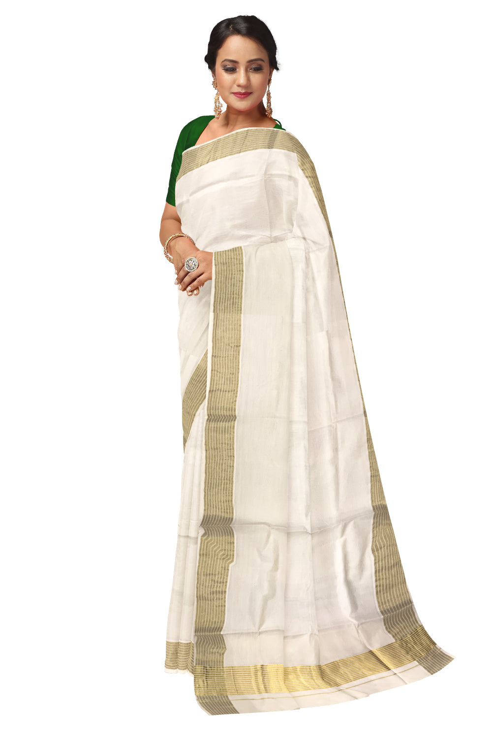 Pure Cotton Plain Kerala Saree With Lines Kasavu 5x4 Border